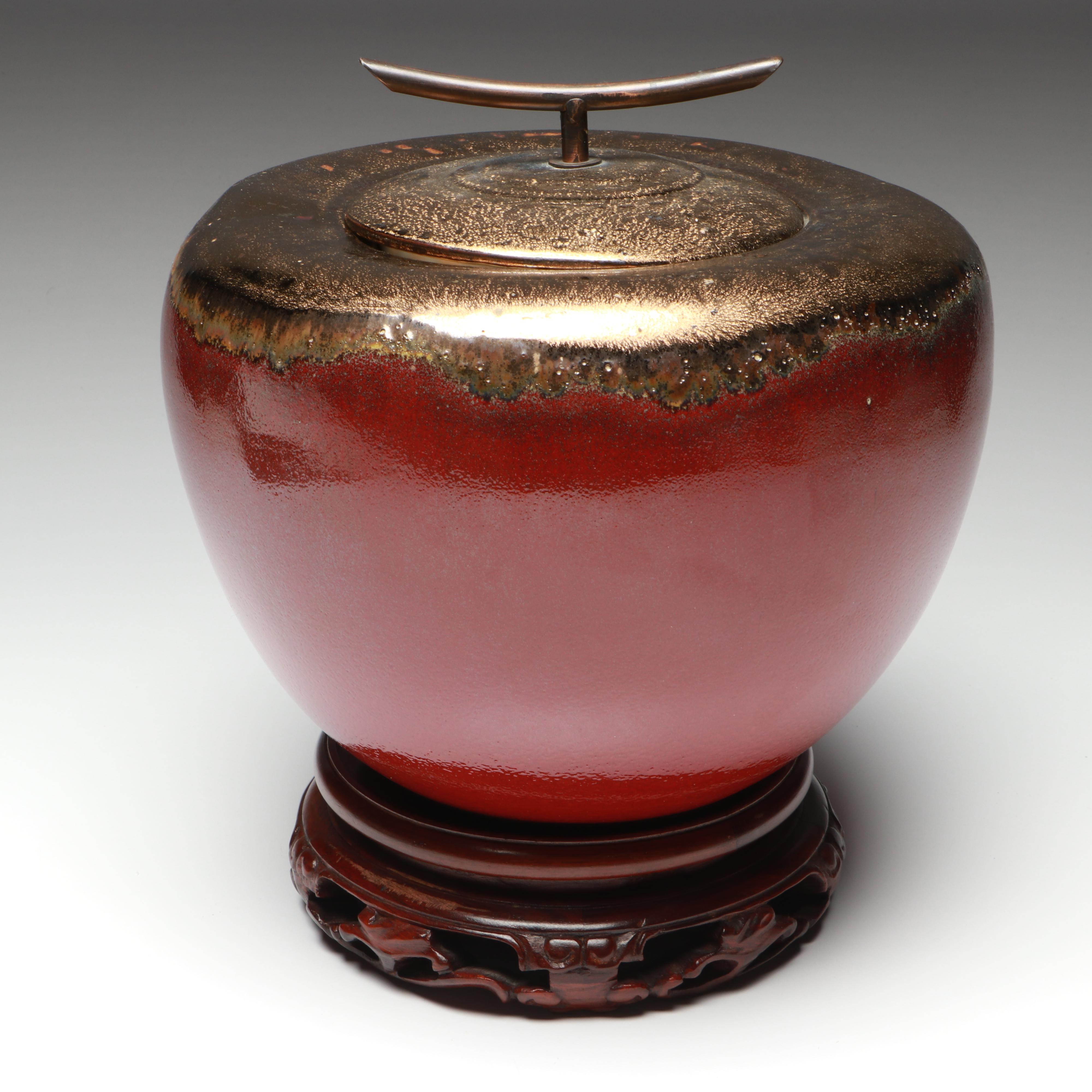 Chinese Metal Handle Bronzed Drip Glaze Melon Jar with Fitted Base