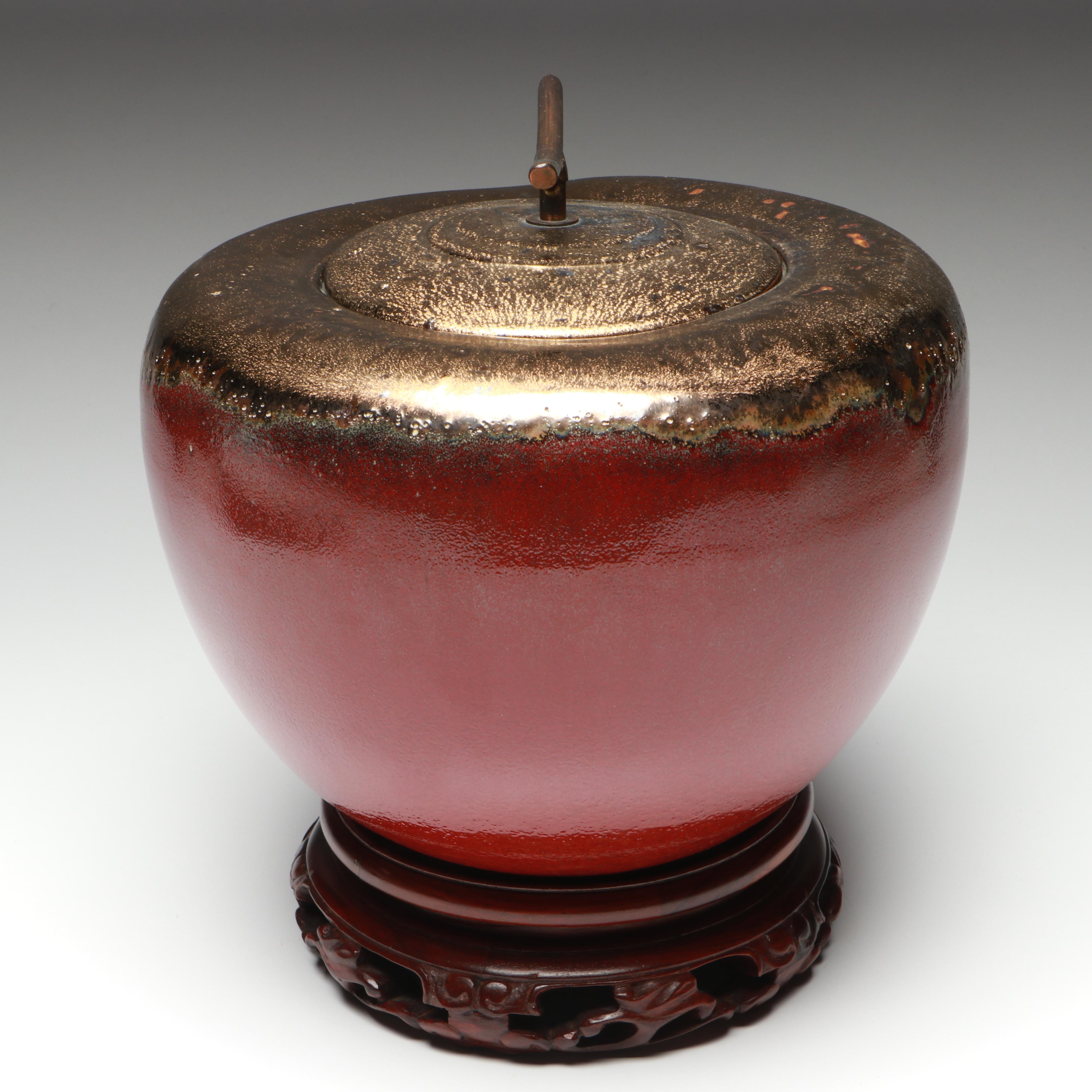 Chinese Metal Handle Bronzed Drip Glaze Melon Jar with Fitted Base