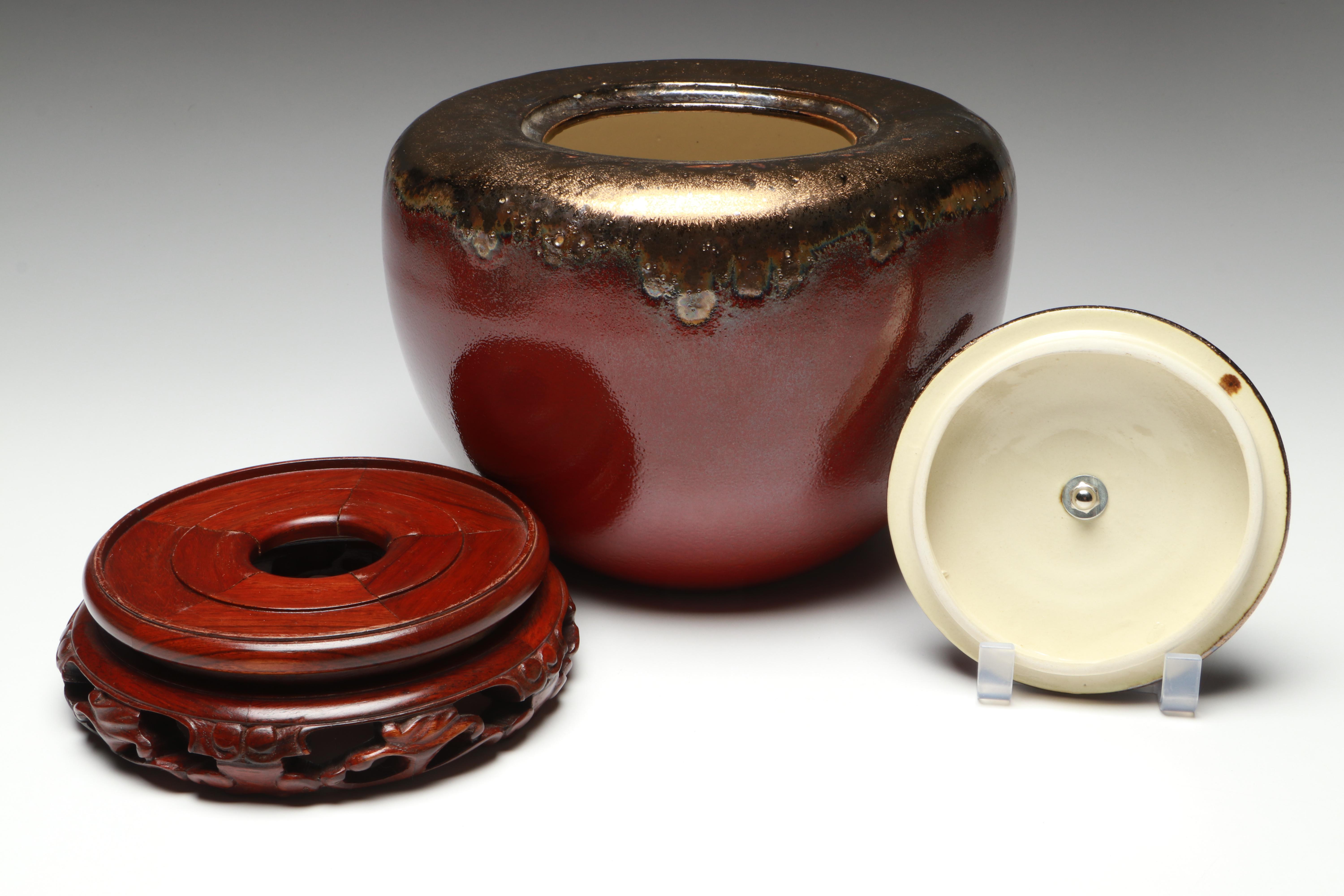 Chinese Metal Handle Bronzed Drip Glaze Melon Jar with Fitted Base