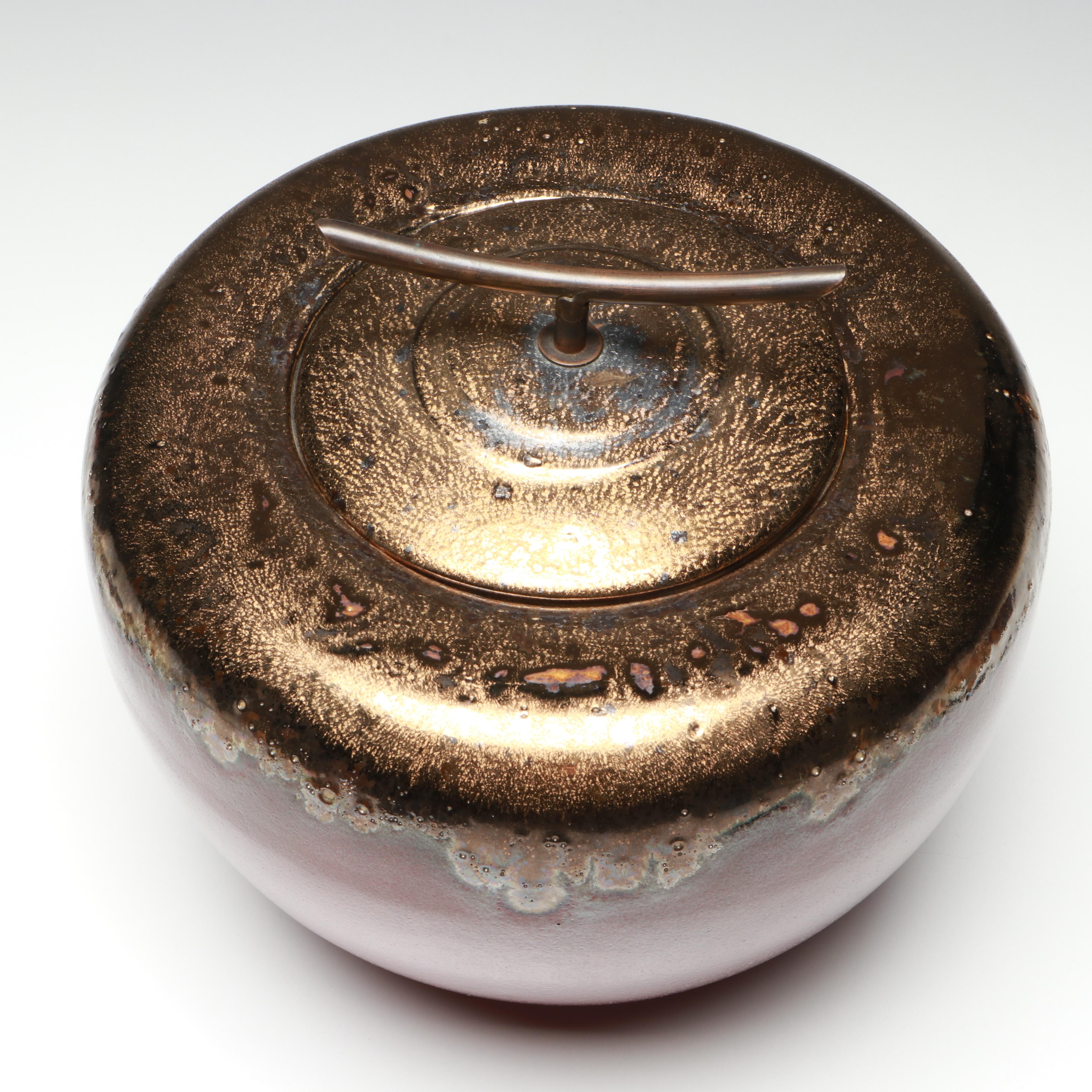 Chinese Metal Handle Bronzed Drip Glaze Melon Jar with Fitted Base