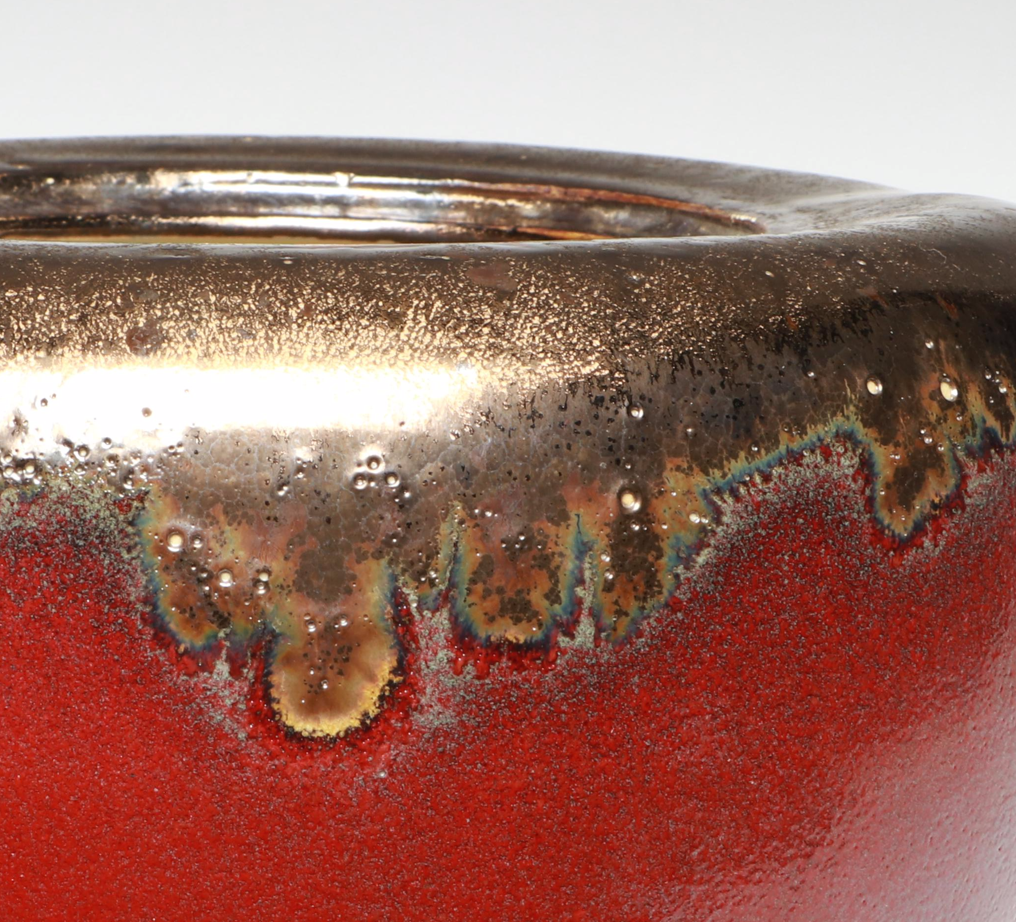 Chinese Metal Handle Bronzed Drip Glaze Melon Jar with Fitted Base