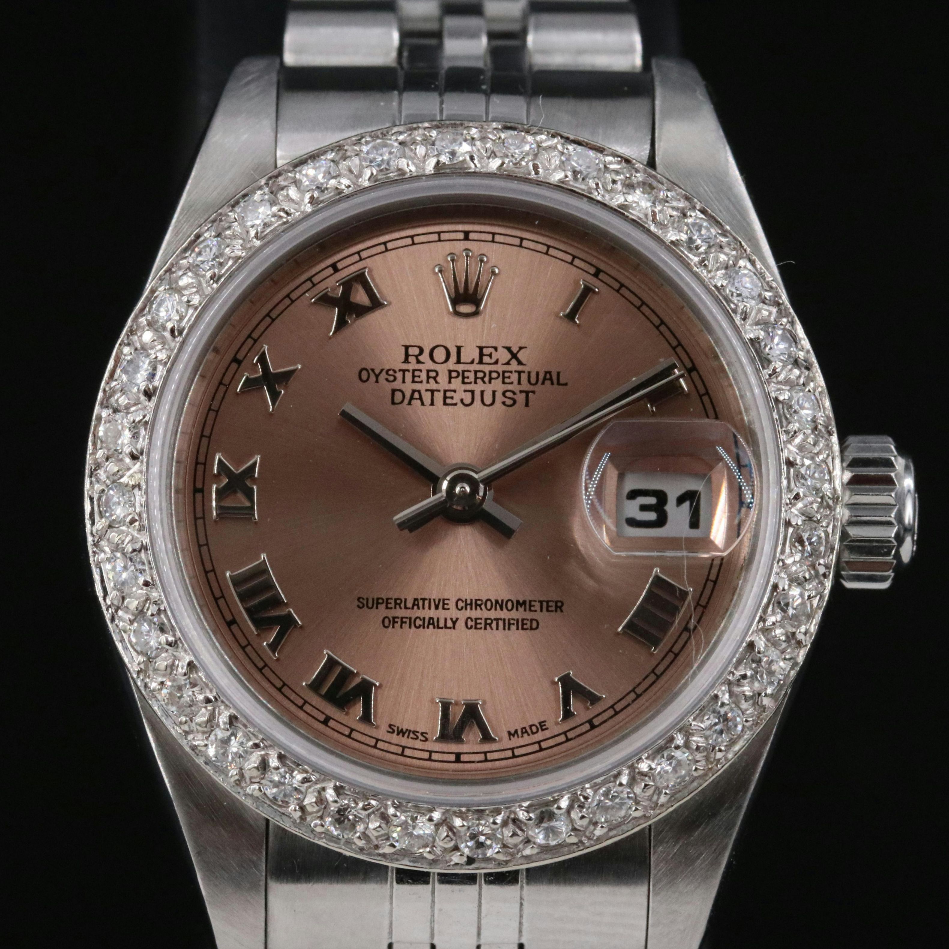 2002 Rolex Custom Diamond Bezel Salmon Dial Datejust Watch 79174
