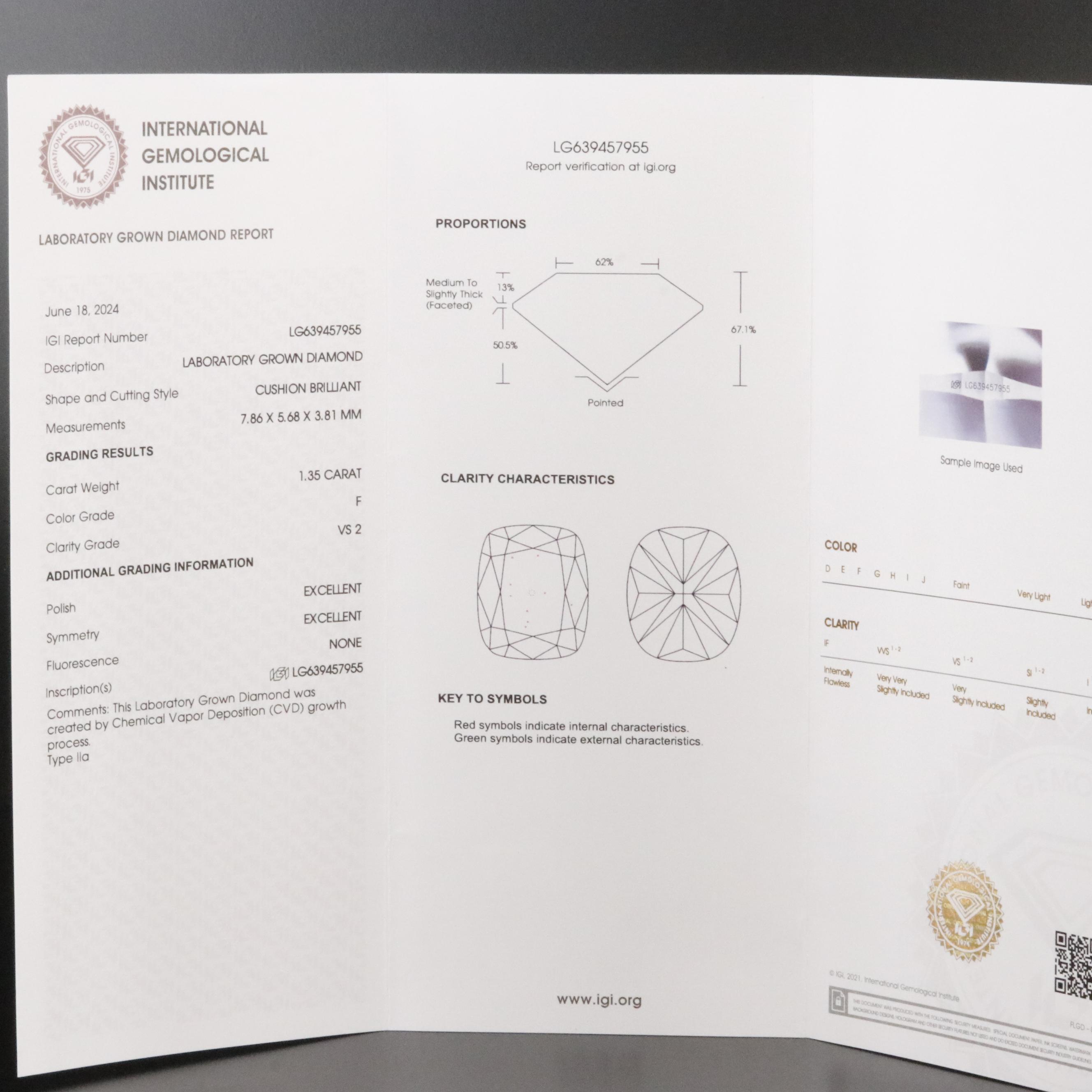 Loose 1.35 CT Lab Grown Diamond with IGI Report