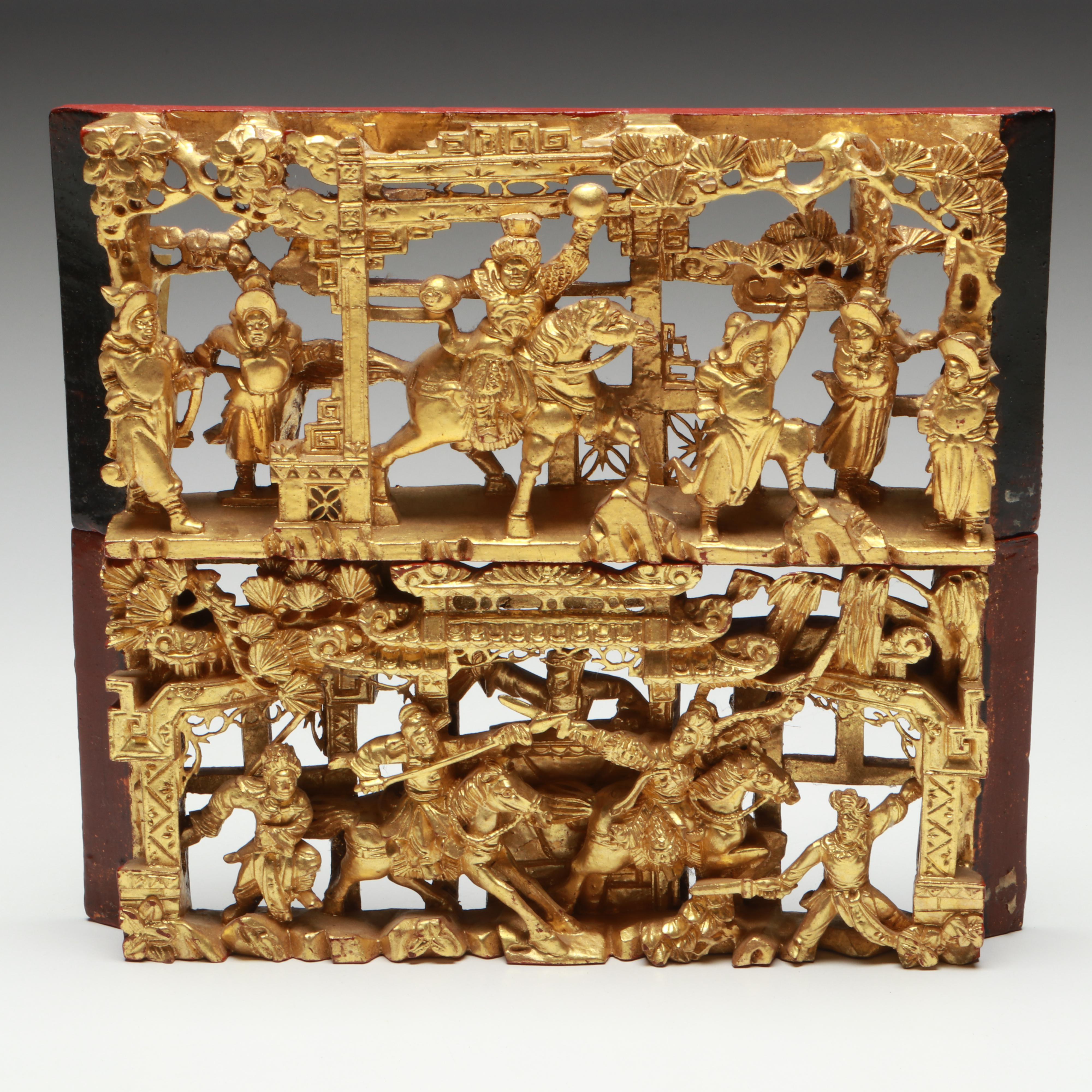 Chinese Chaozhou Hand-Carved Gilt Wood Plaques