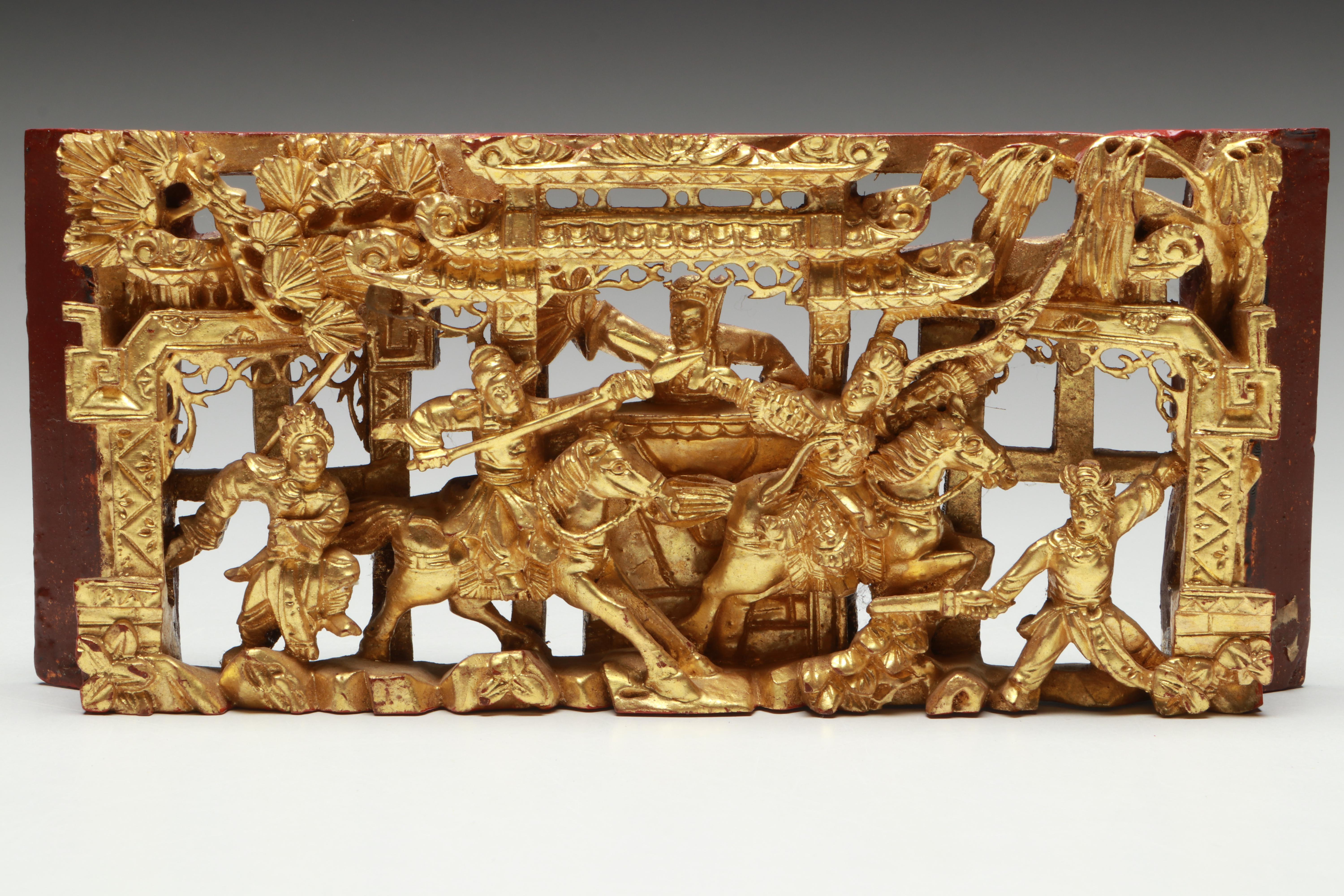 Chinese Chaozhou Hand-Carved Gilt Wood Plaques