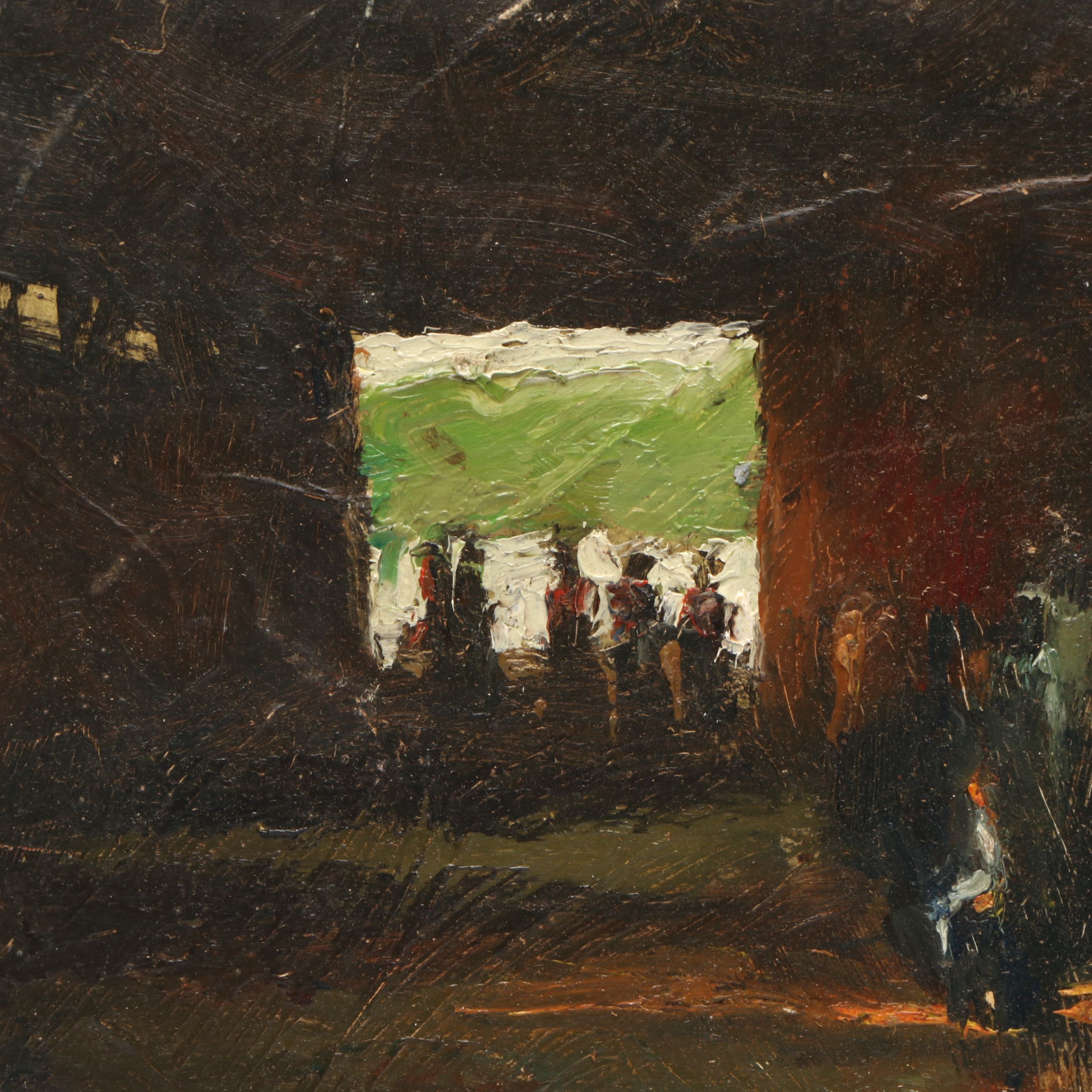 Richard Stalter Impressionist Oil Painting of Cow Barn Interior