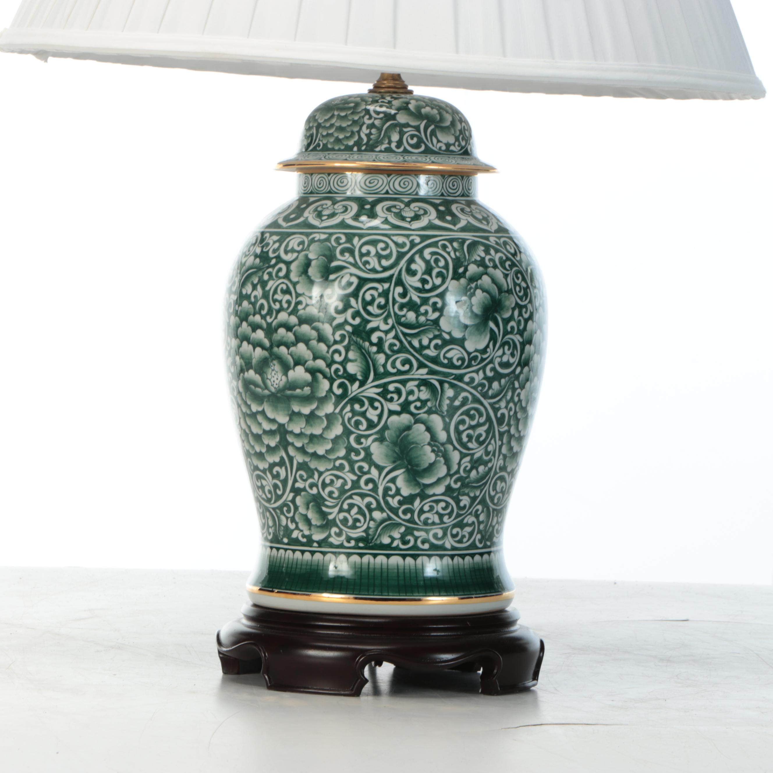 Chinese Green and White Porcelain Ginger Jar Table Lamp With Pleated Shade