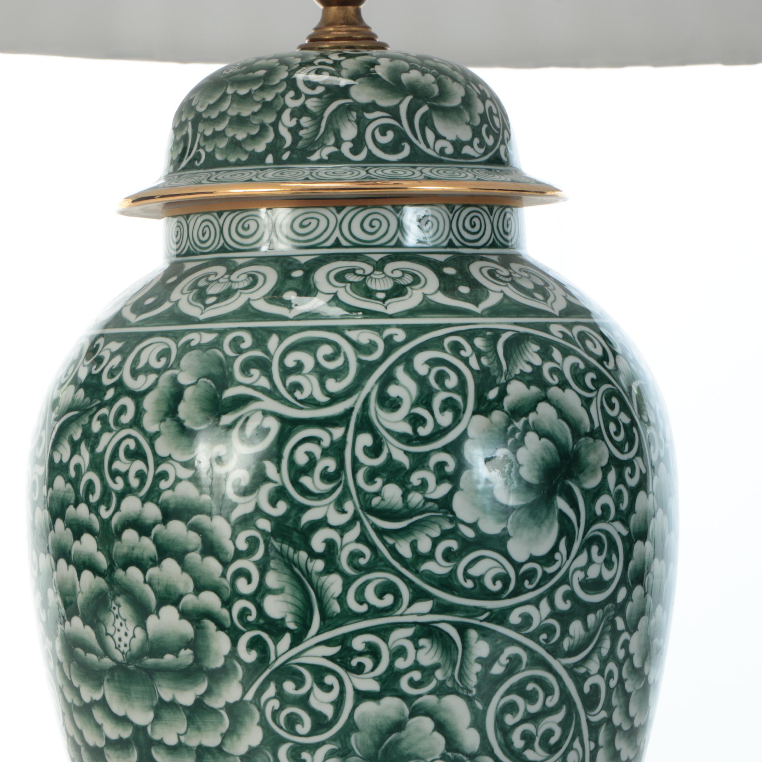 Chinese Green and White Porcelain Ginger Jar Table Lamp With Pleated Shade