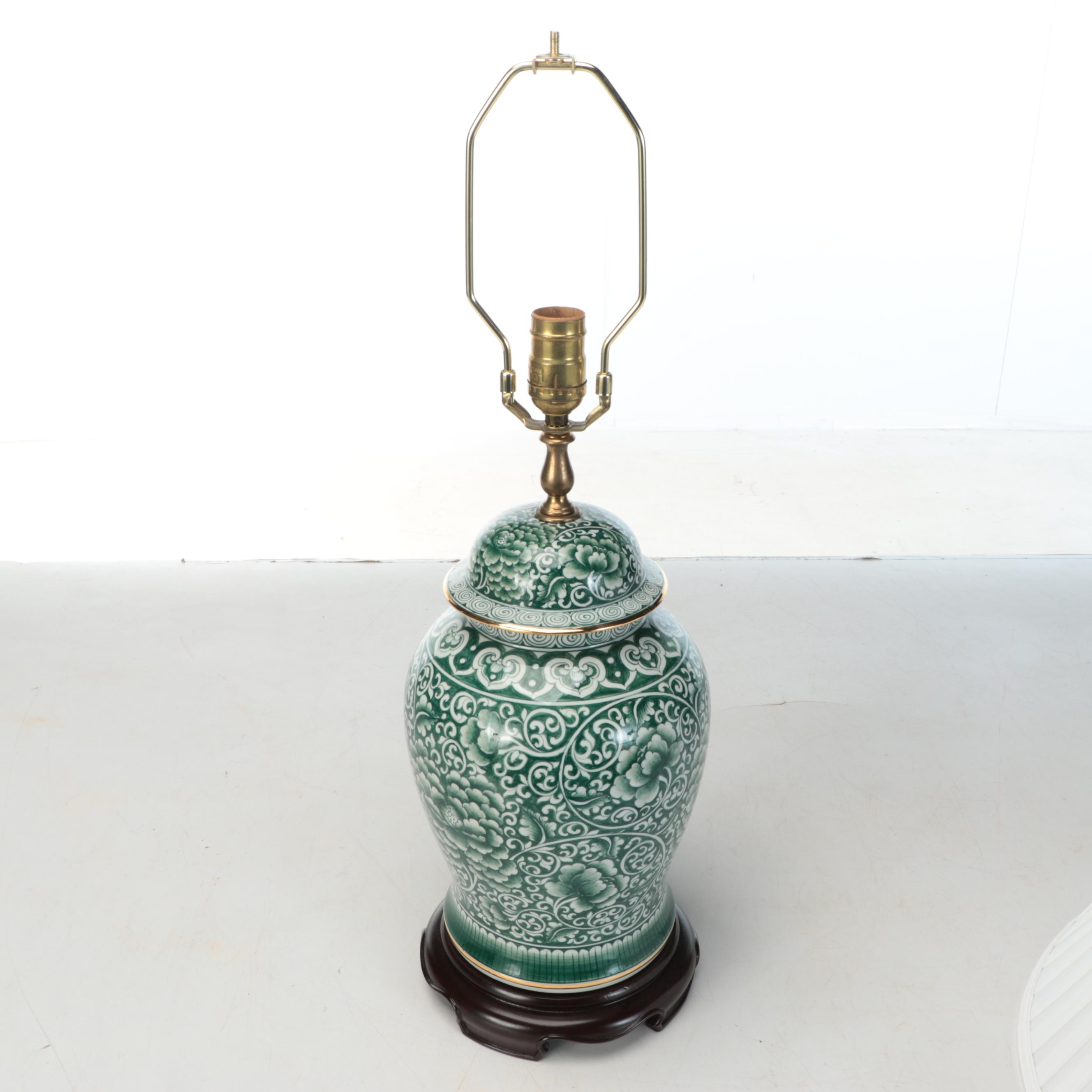 Chinese Green and White Porcelain Ginger Jar Table Lamp With Pleated Shade
