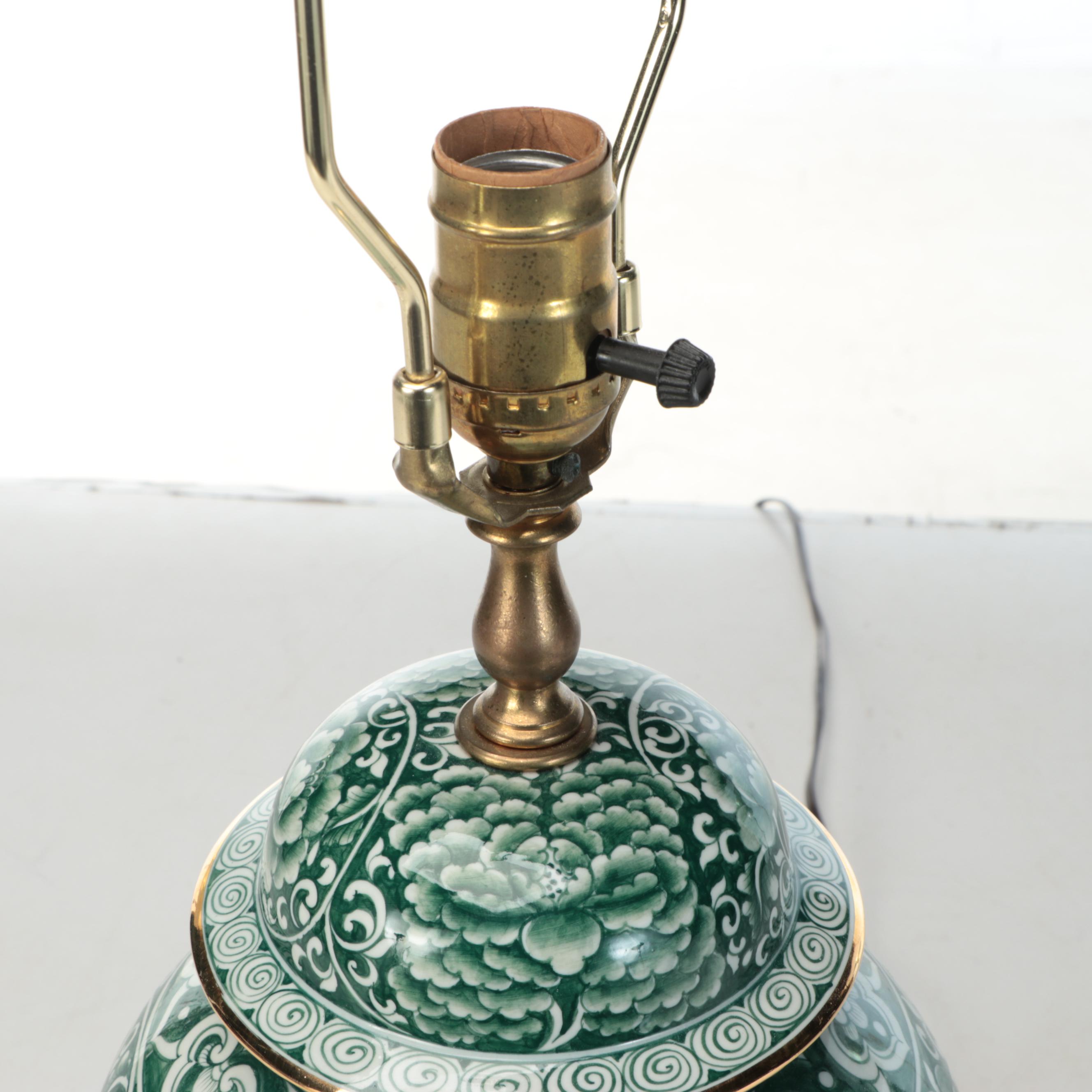 Chinese Green and White Porcelain Ginger Jar Table Lamp With Pleated Shade