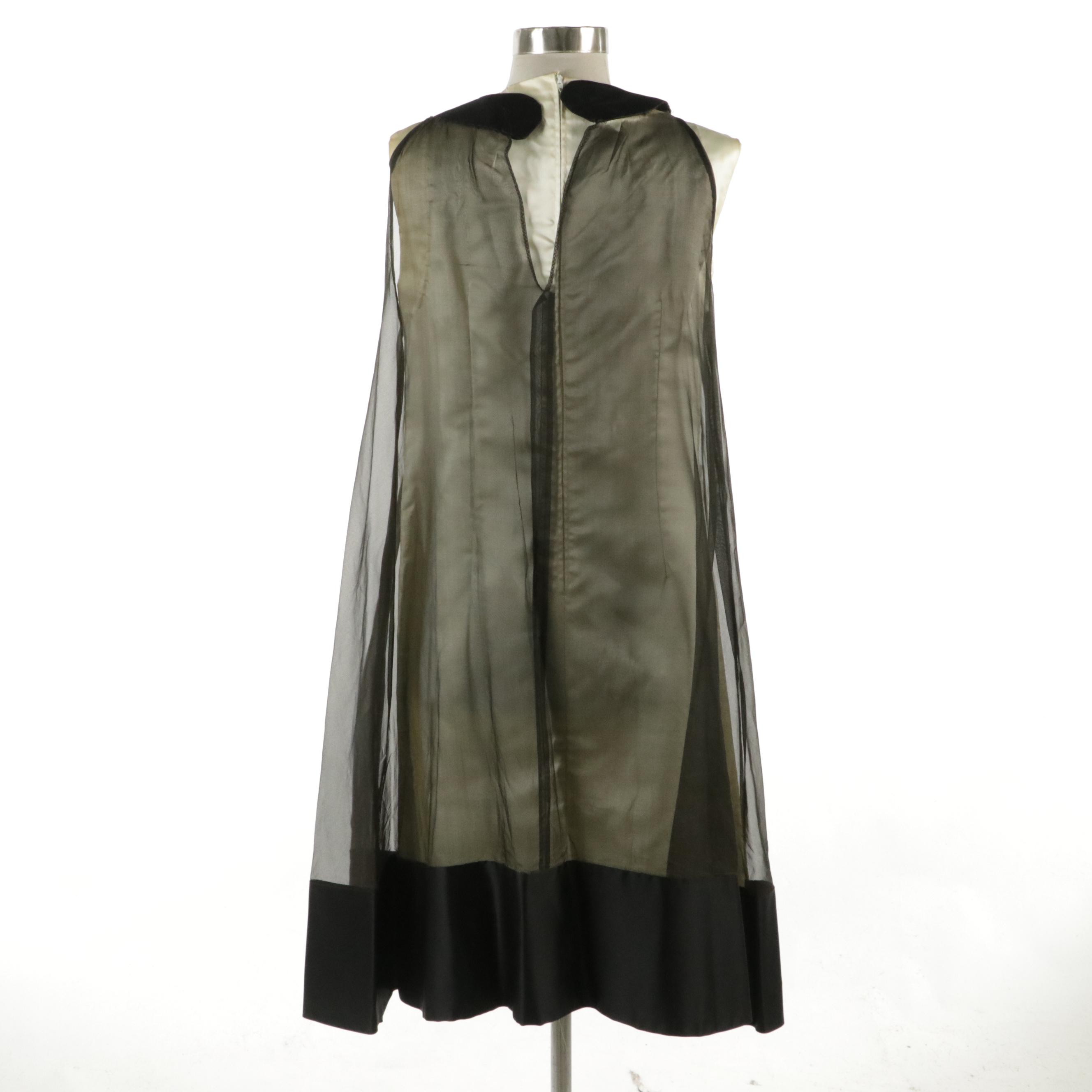 Vintage Handmade A-Line Illusion Layered Dress in Ivory & Black Sheer Polyester