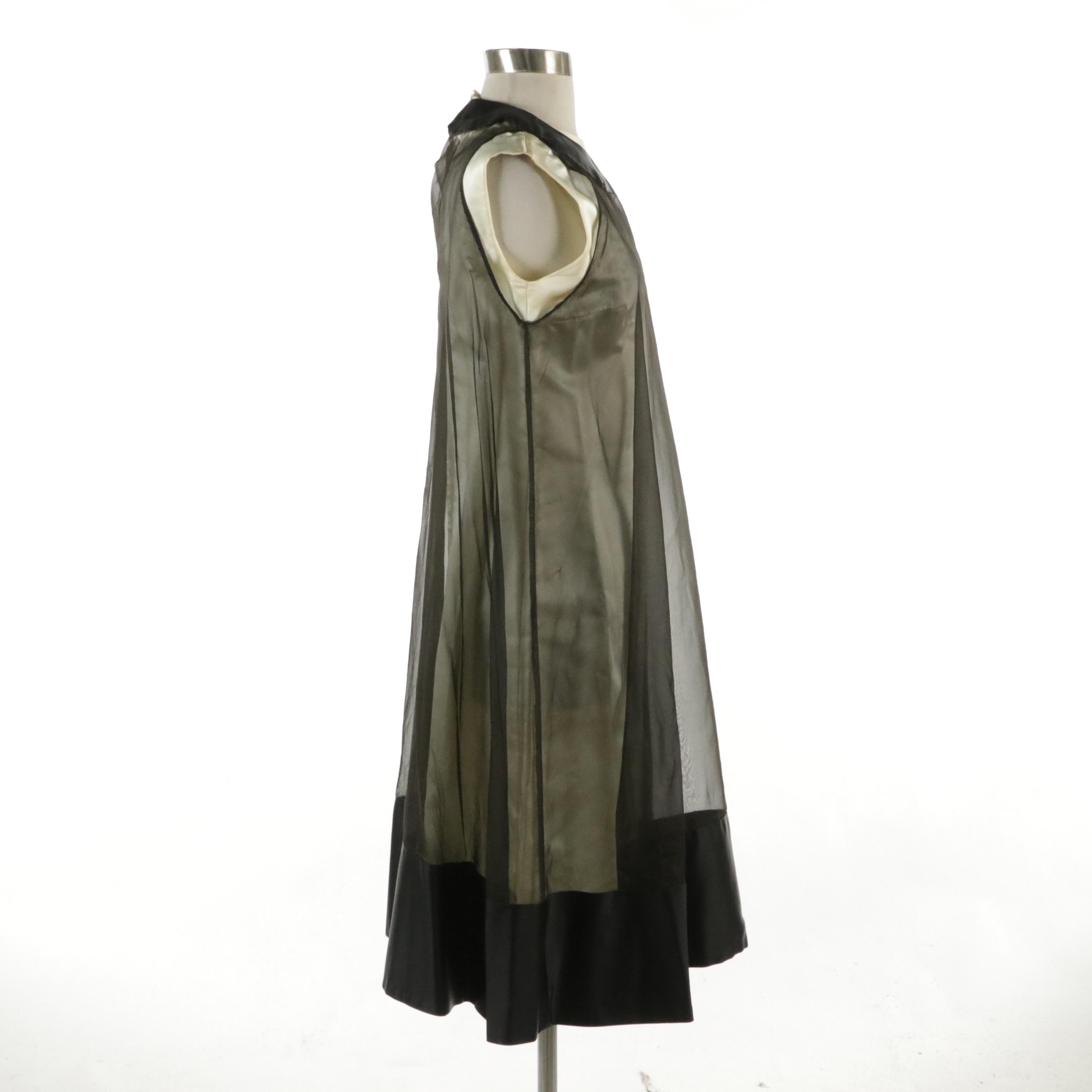 Vintage Handmade A-Line Illusion Layered Dress in Ivory & Black Sheer Polyester