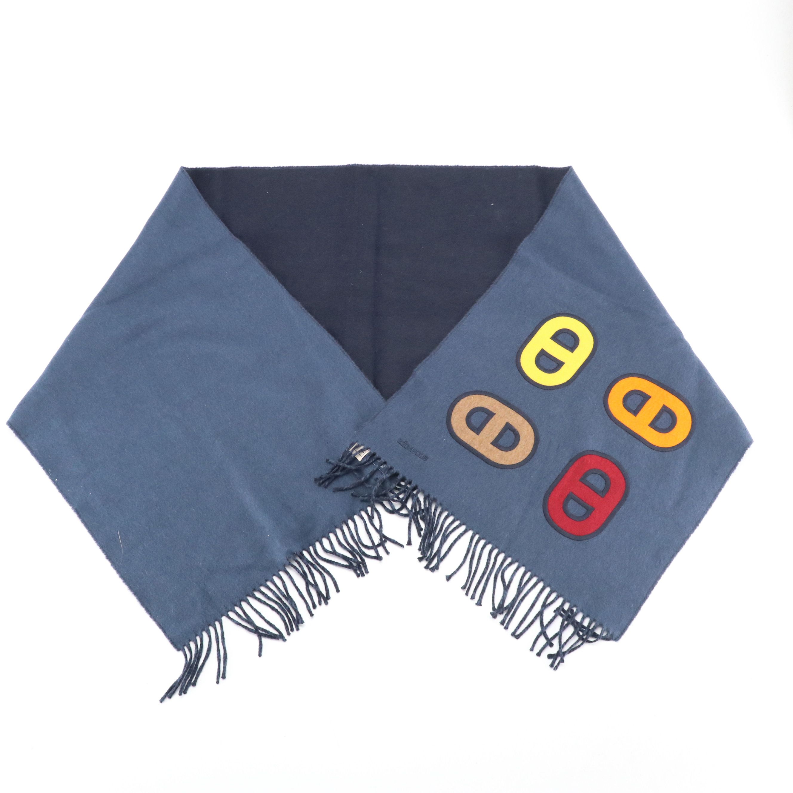 Hermès "Recto-Verso Maillons Colores" Blue Cashmere Fringe Scarf