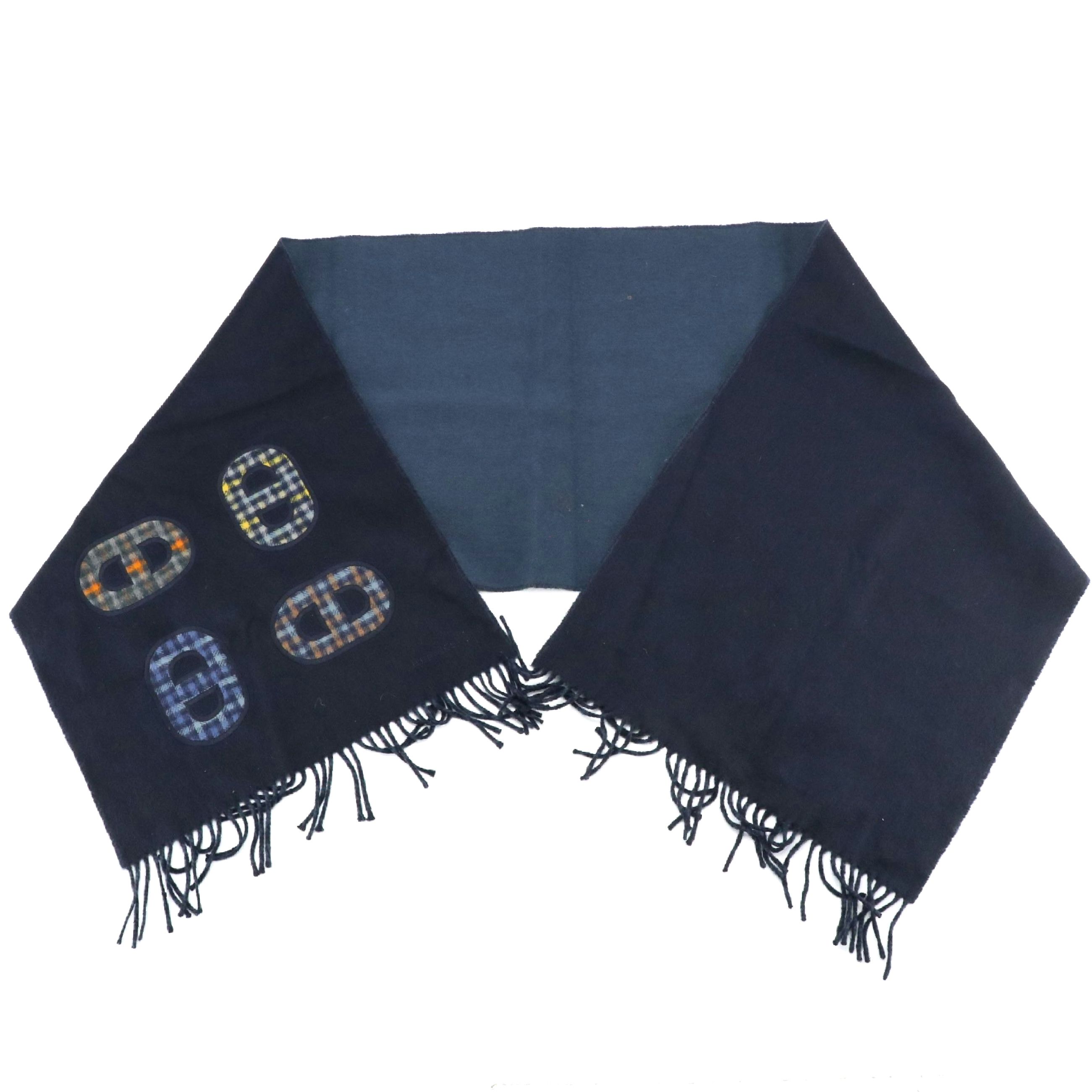Hermès "Recto-Verso Maillons Colores" Blue Cashmere Fringe Scarf