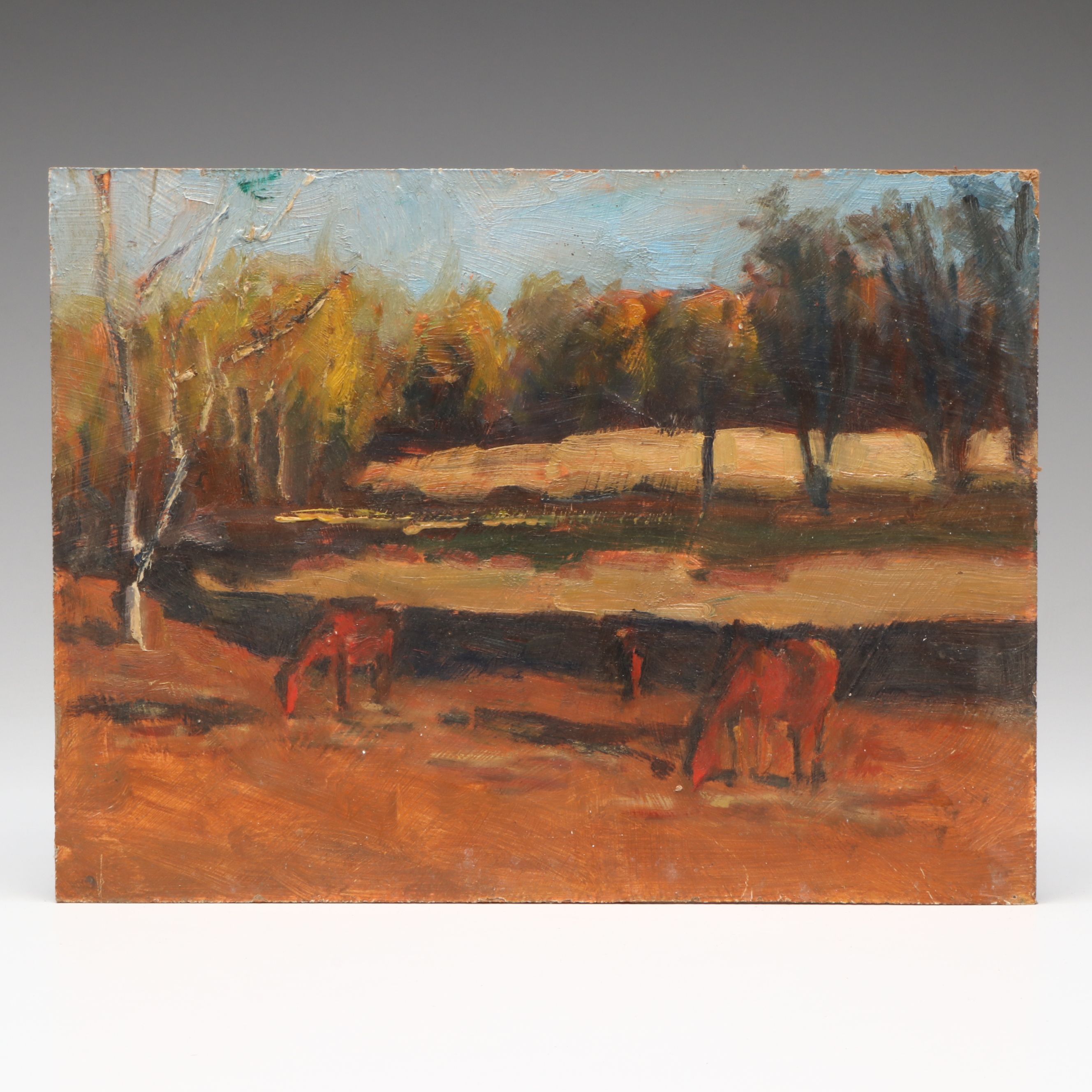 Richard Stalter Autumnal Landscape Oil Painting with Grazing Horses