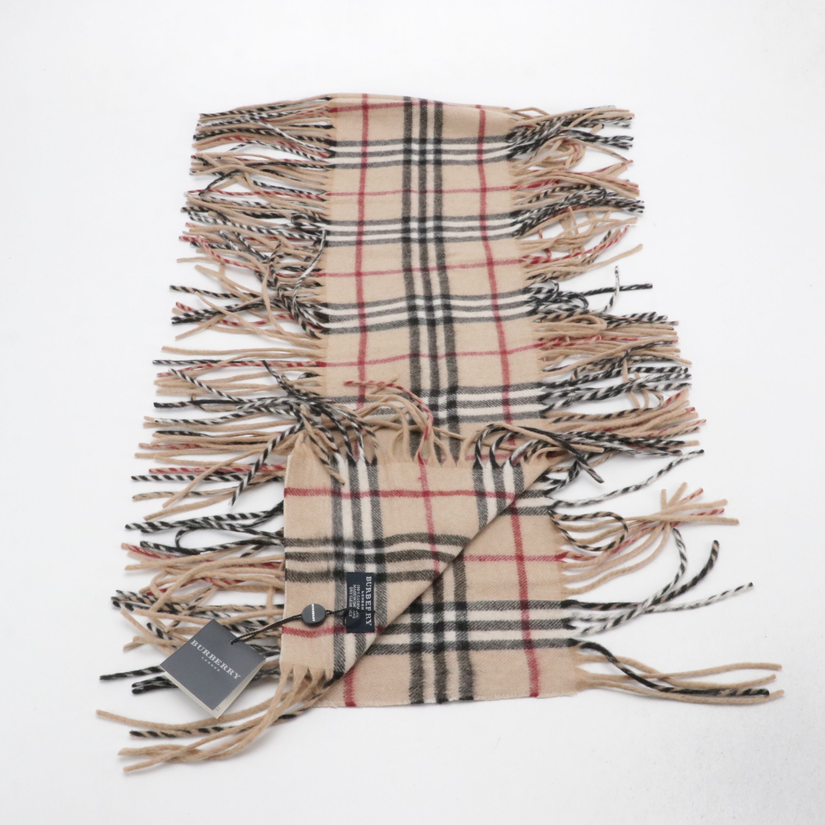 Burberry London Double-Fringe Happy Scarf in Check Cashmere with Tag