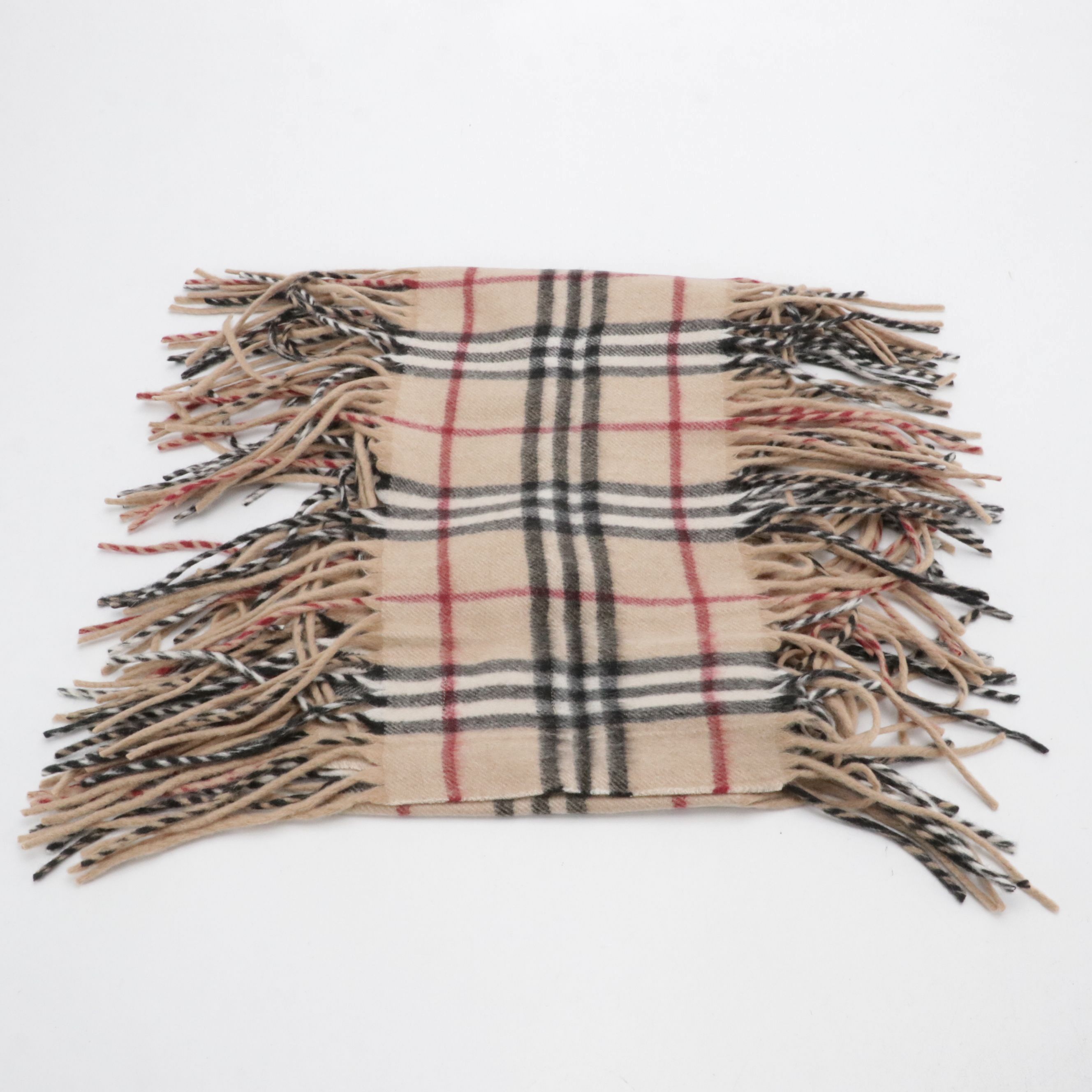 Burberry London Double-Fringe Happy Scarf in Check Cashmere with Tag