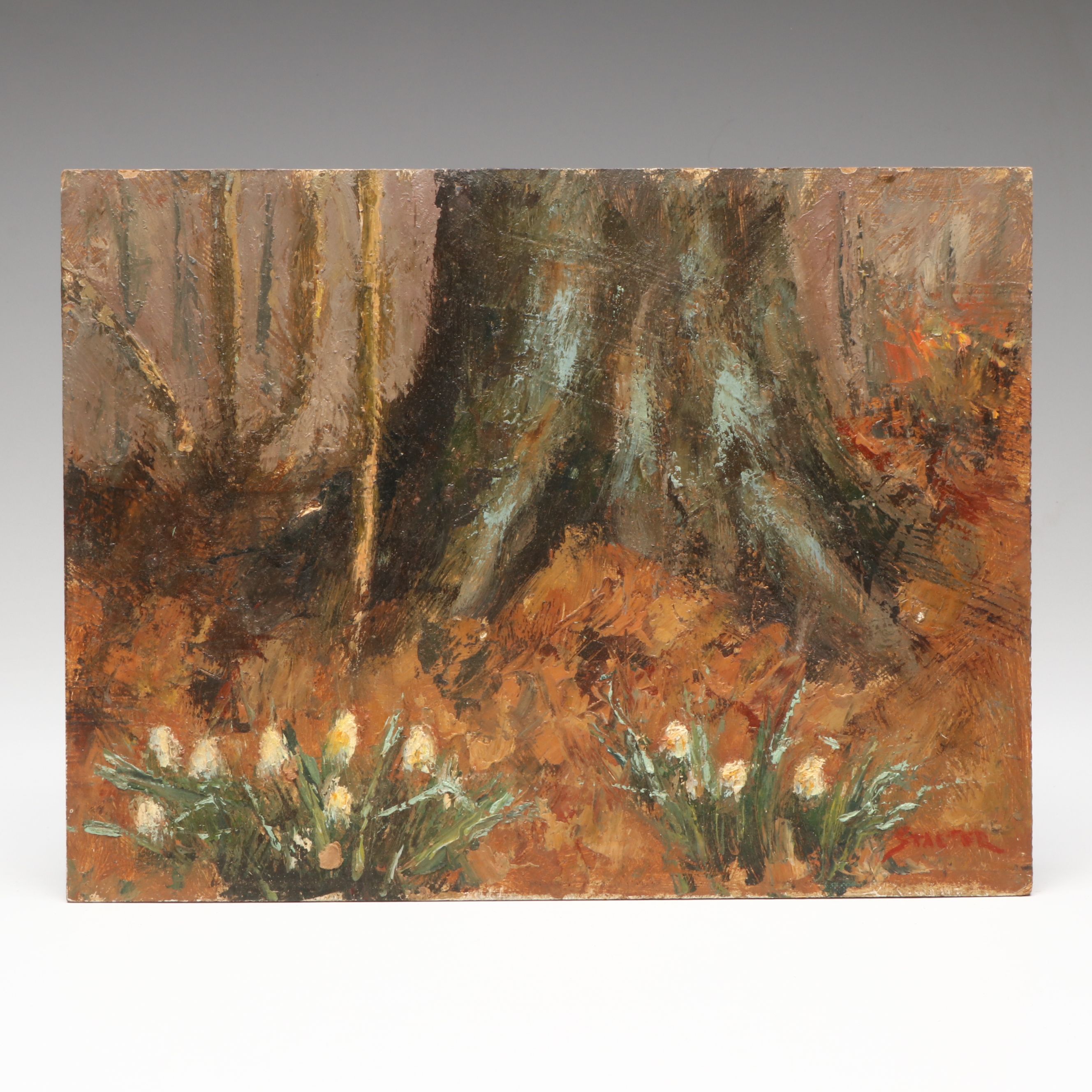 Richard Stalter Impressionistic Plein Air Oil Painting of Flowers Next to a Tree