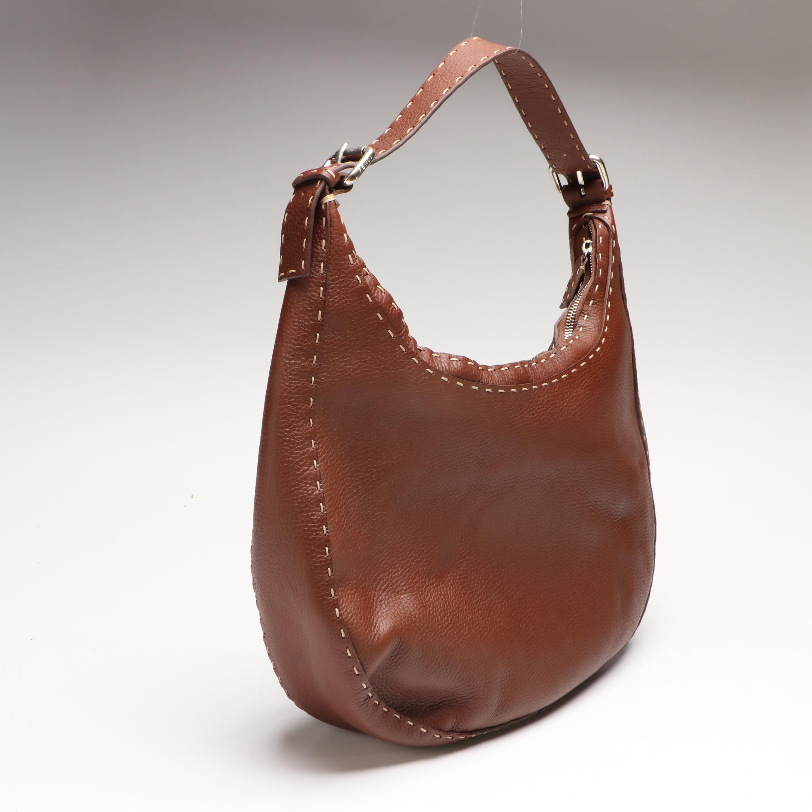 Fendi Semitracolla Selleria Hobo Bag in Brown Italian Pebbled Leather