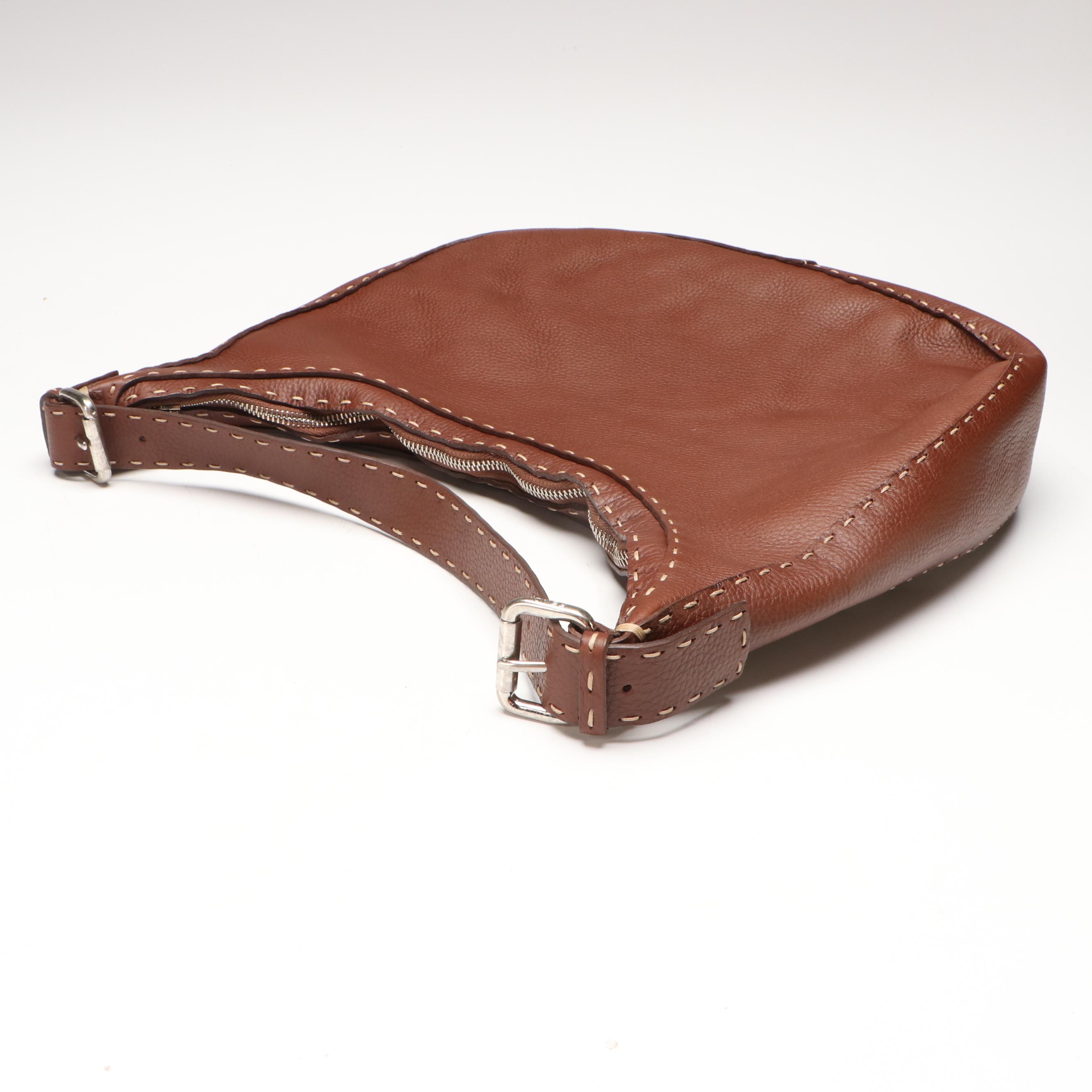 Fendi Semitracolla Selleria Hobo Bag in Brown Italian Pebbled Leather