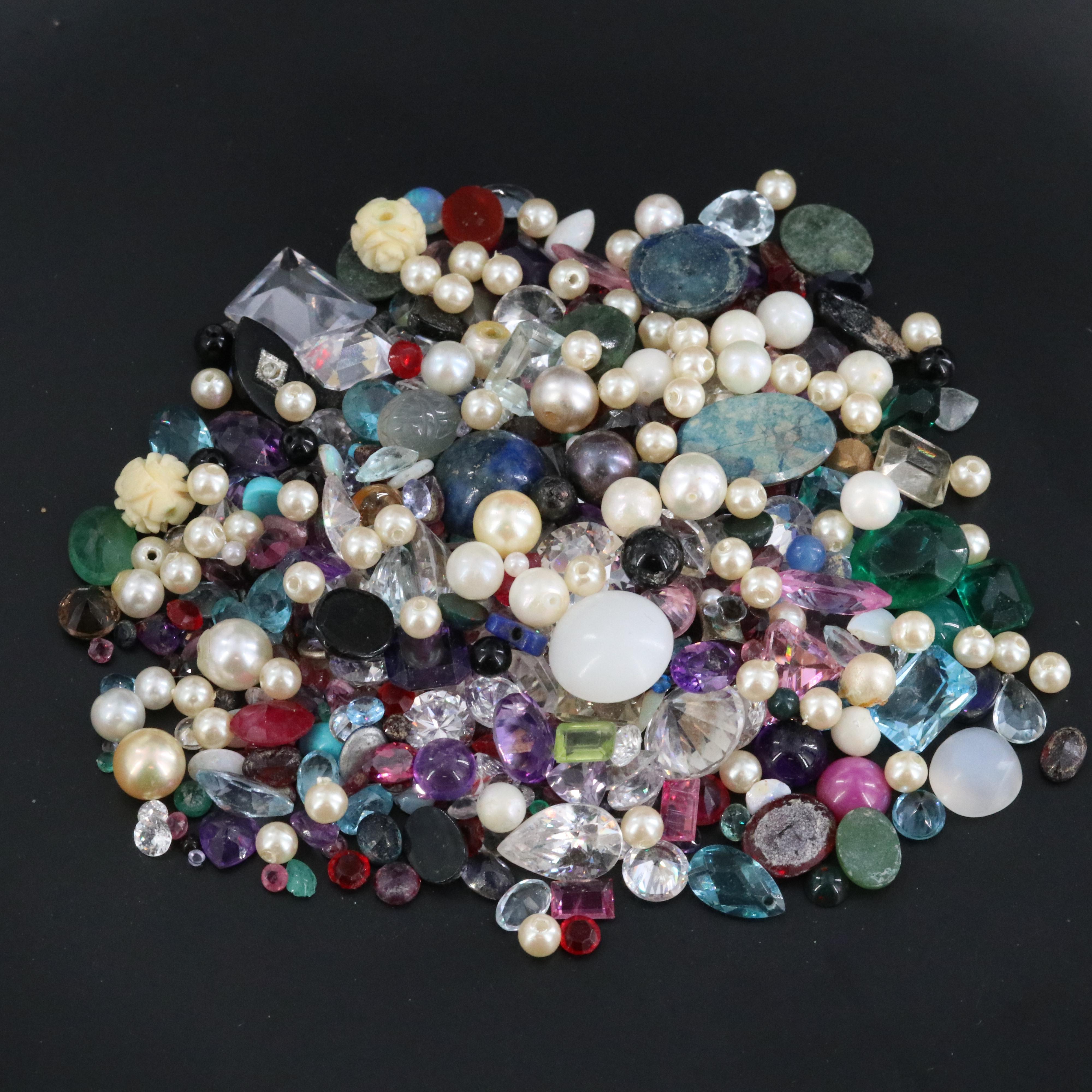 Loose Gemstones Including Topaz, Amethyst and Pearls