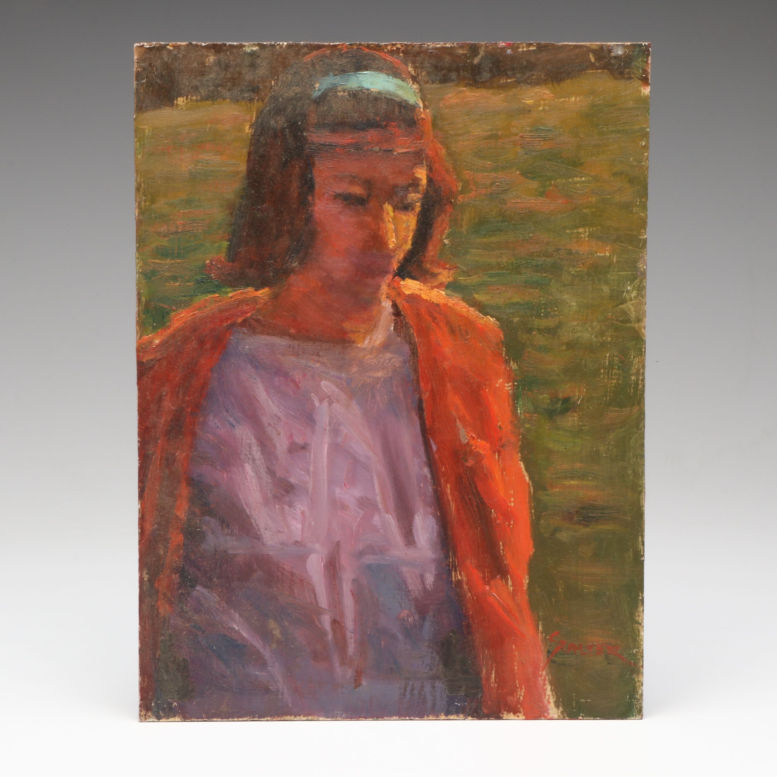Richard Stalter Portrait Oil Painting of Girl with Red Cardigan