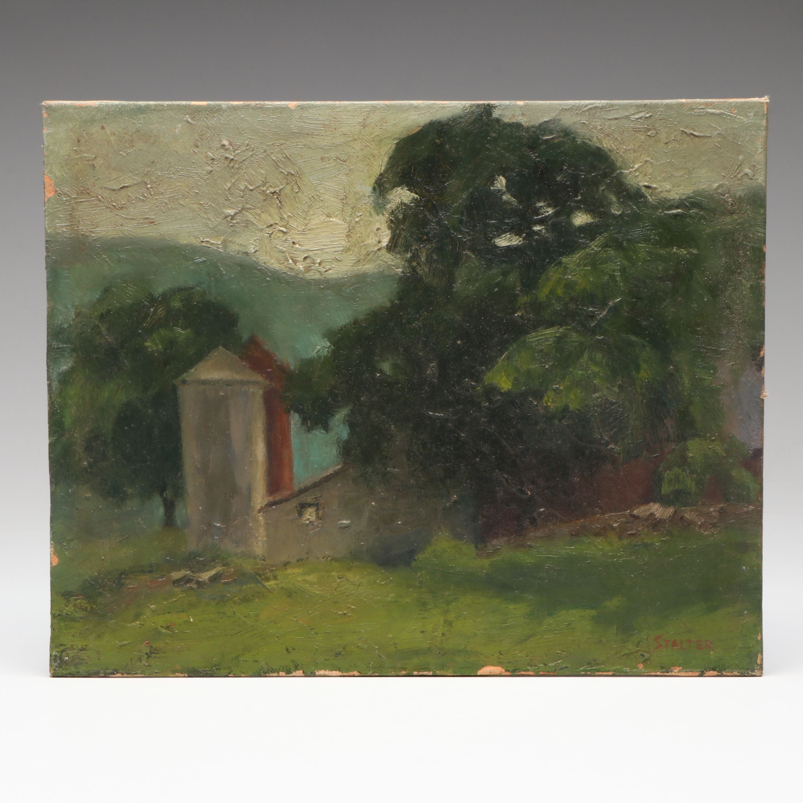 Richard Stalter Plein Air Landscape Oil Painting "Trees and Clouds," 1965