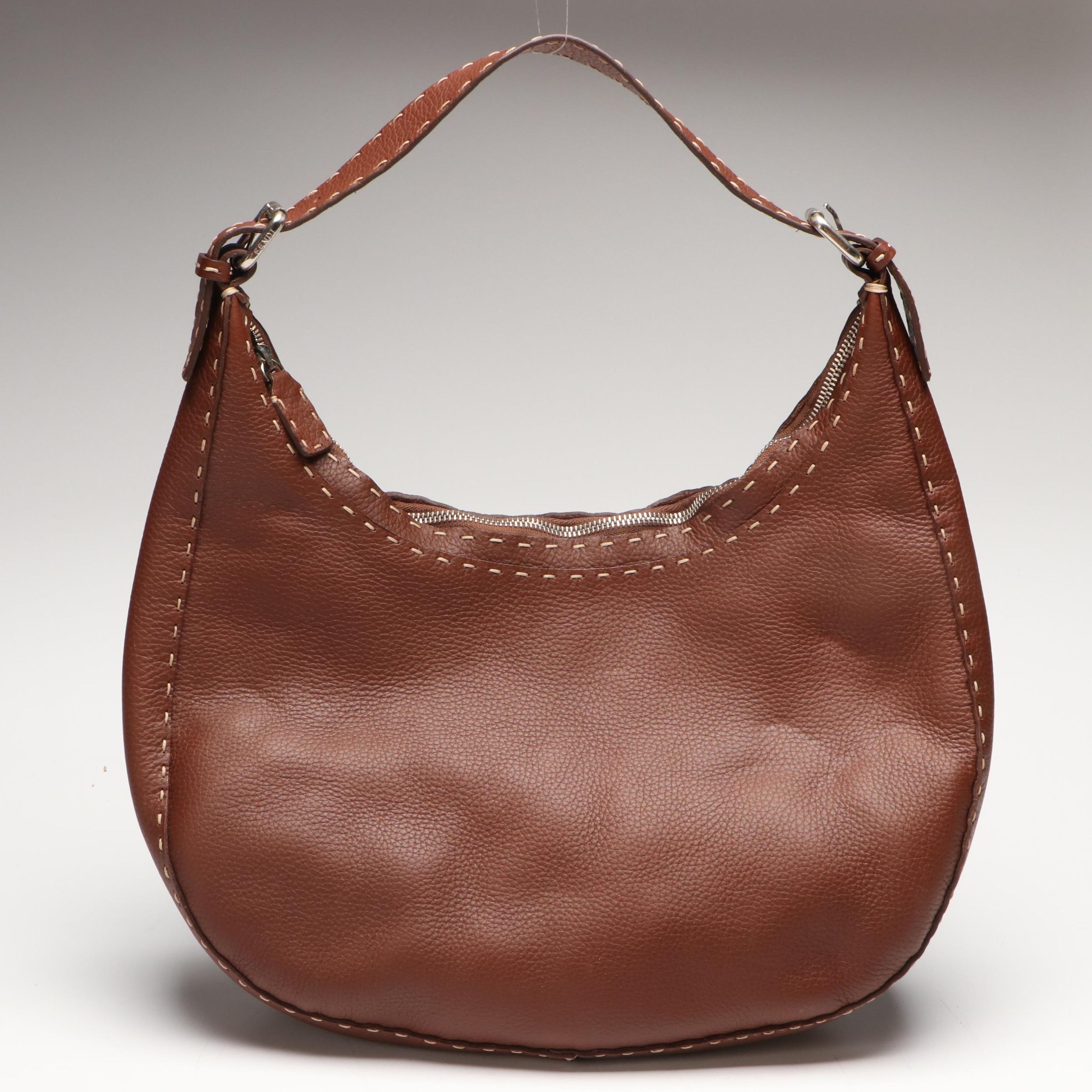 Fendi Semitracolla Selleria Hobo Bag in Brown Italian Pebbled Leather