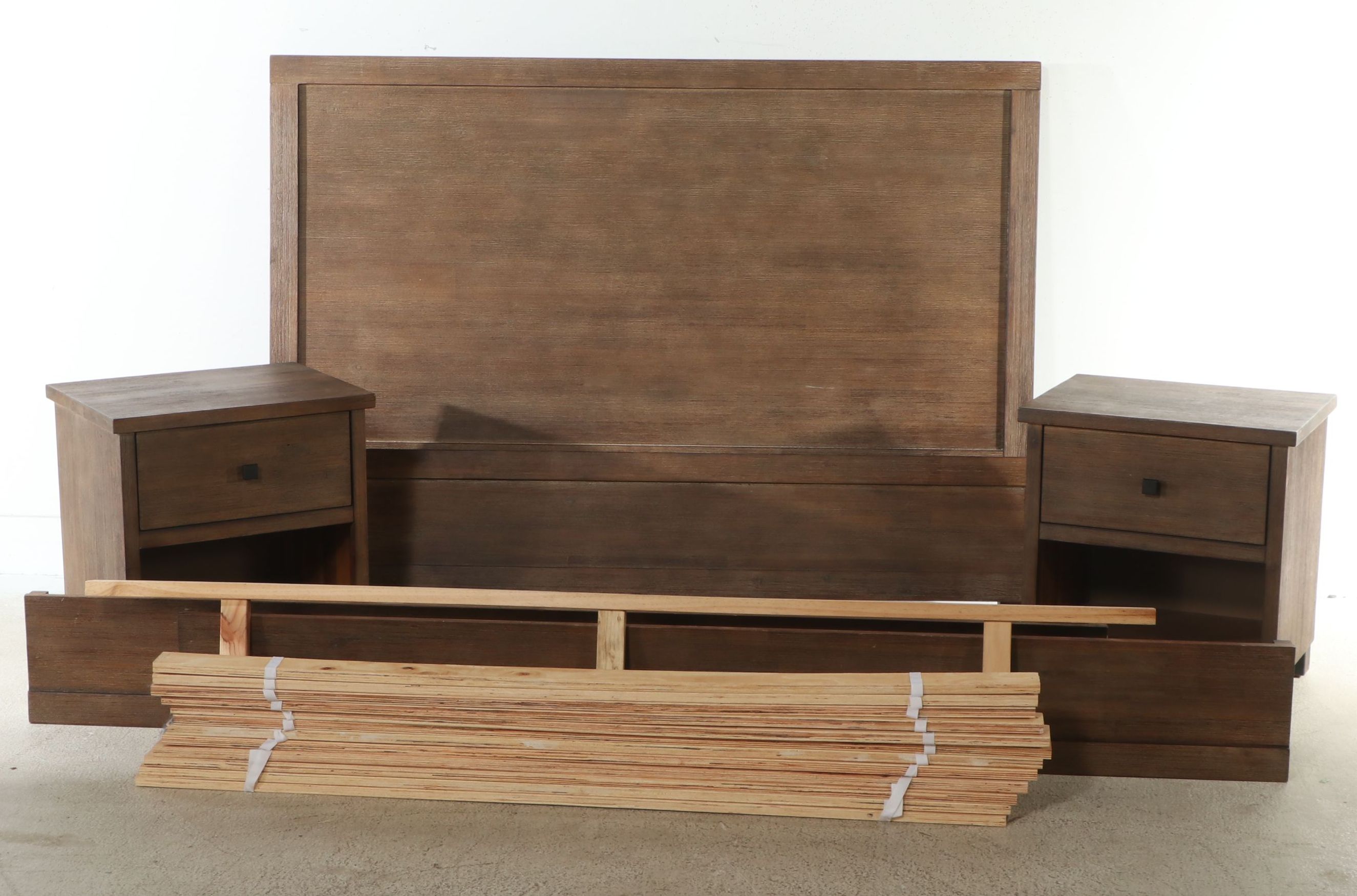 Contemporary Farmhouse Style Bed Frame and Coordinating Nightstands