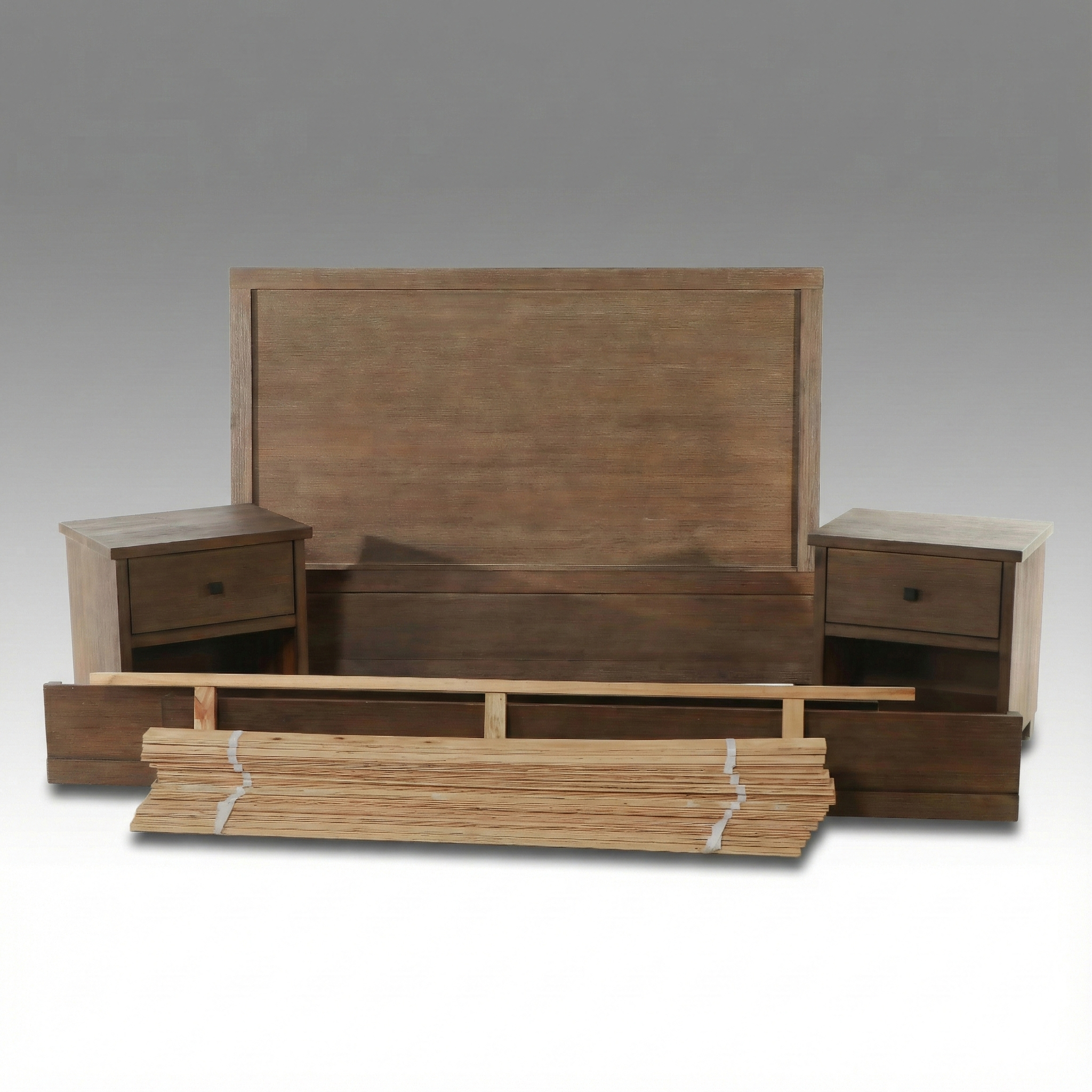 Contemporary Farmhouse Style Bed Frame and Coordinating Nightstands