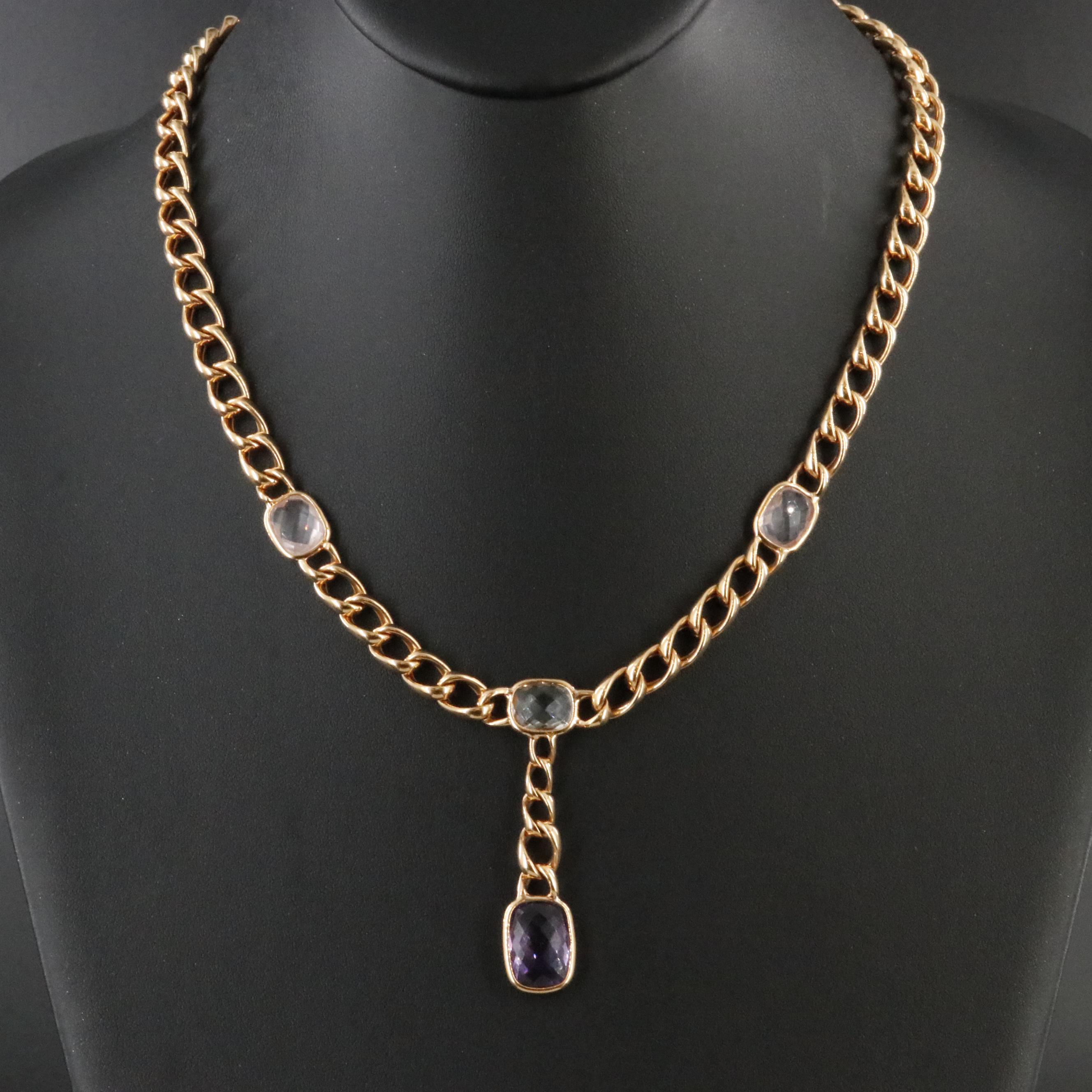 14K Amethyst and Rose Quartz Curb Chain Necklace
