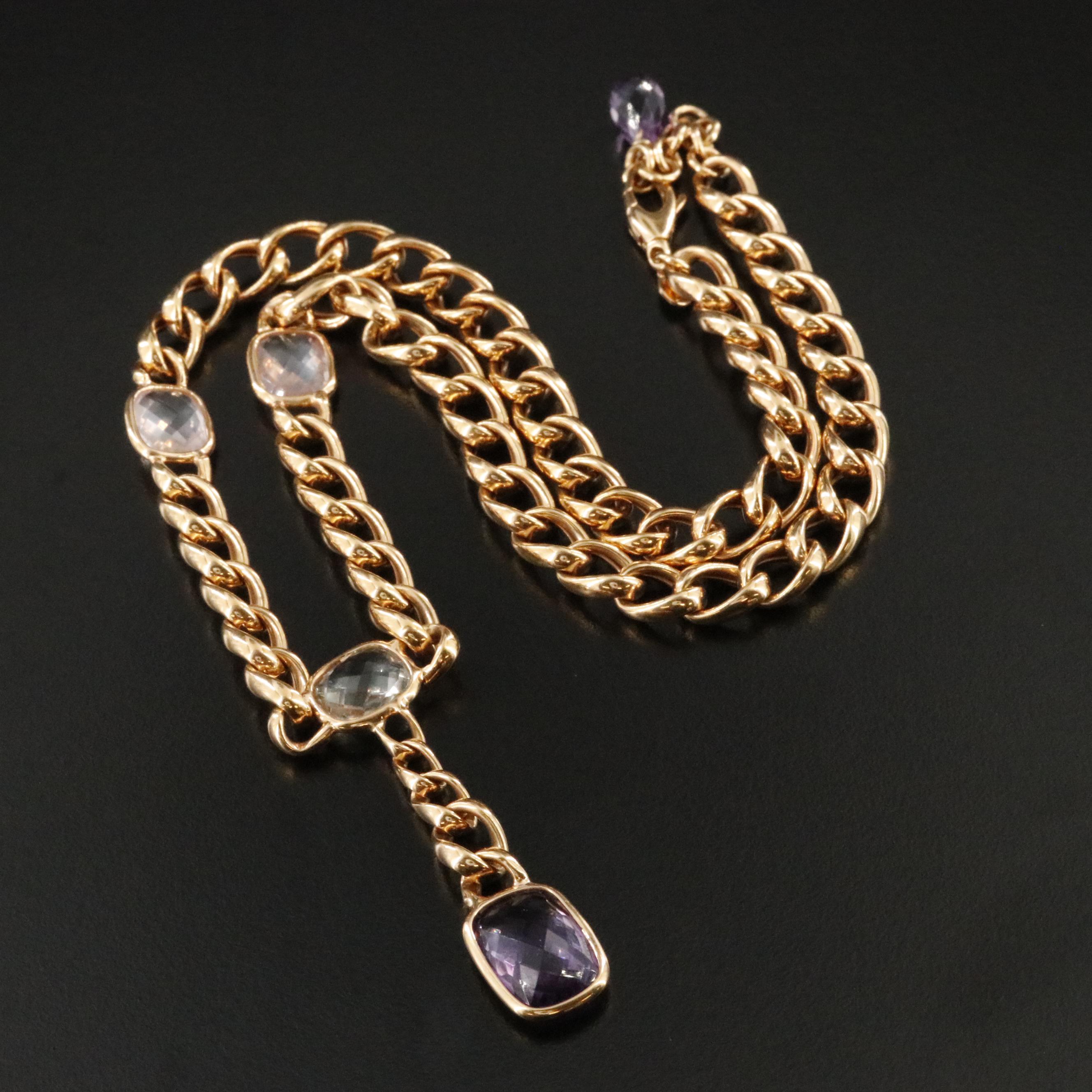14K Amethyst and Rose Quartz Curb Chain Necklace