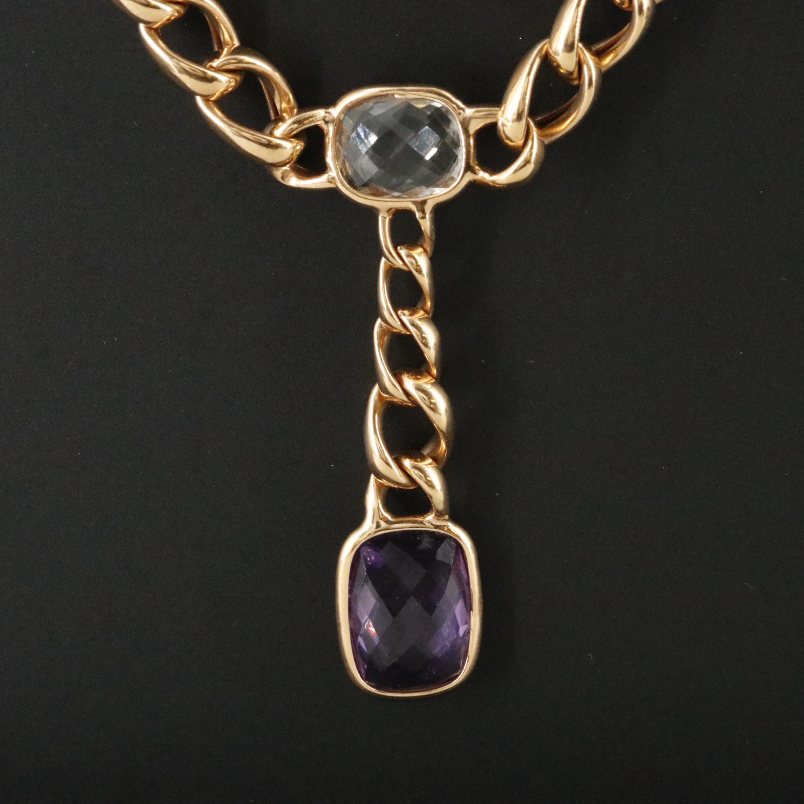 14K Amethyst and Rose Quartz Curb Chain Necklace
