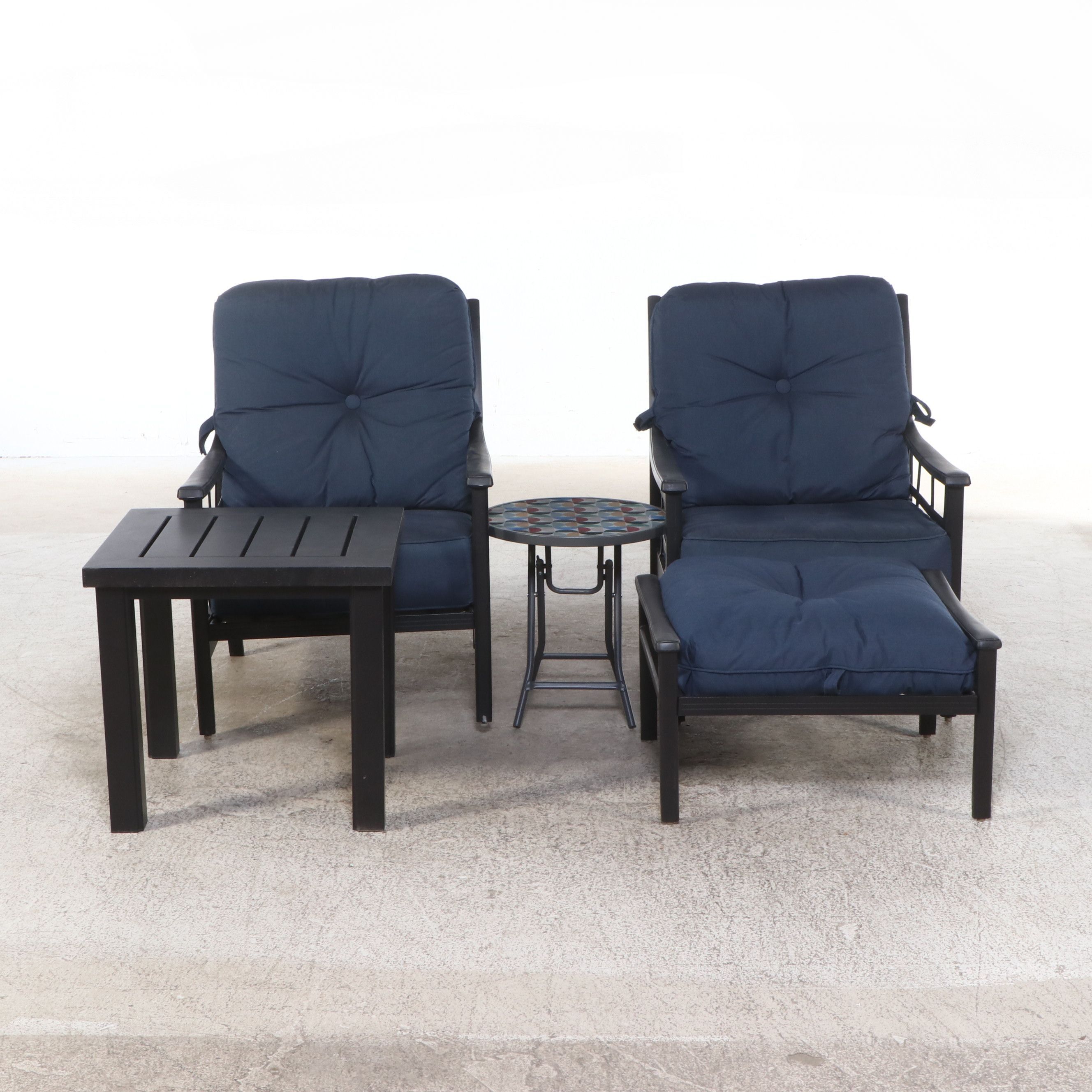 Two Contemporary Metal Patio Chairs and Ottoman with Accent Tables