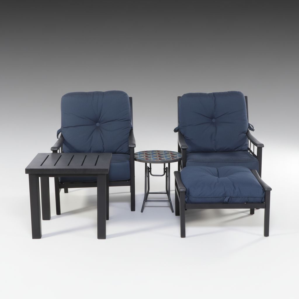 Two Contemporary Metal Patio Chairs and Ottoman with Accent Tables
