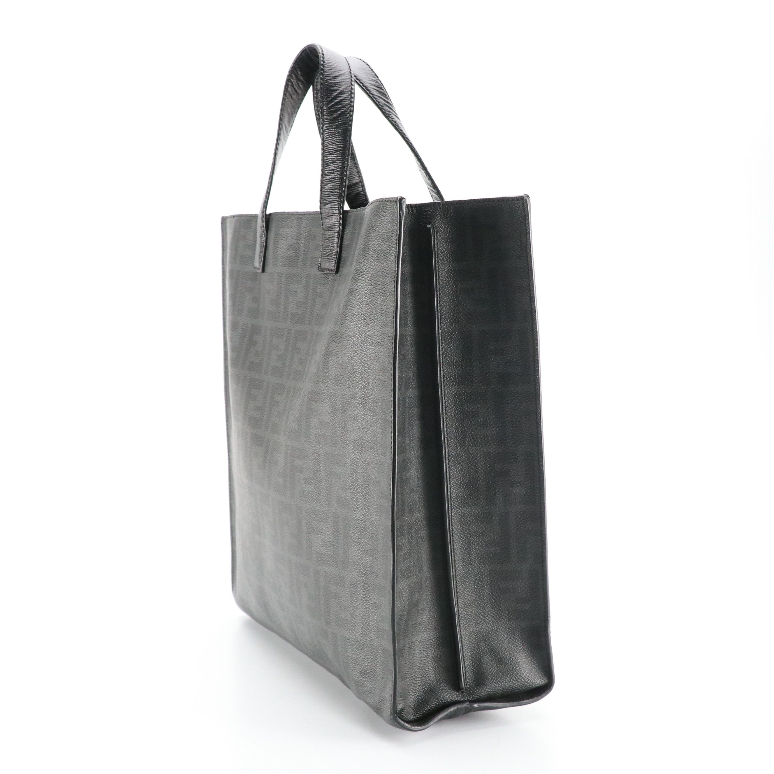 Fendi Leather Handle Vertical Tote in Black/Gray Zucca Canvas