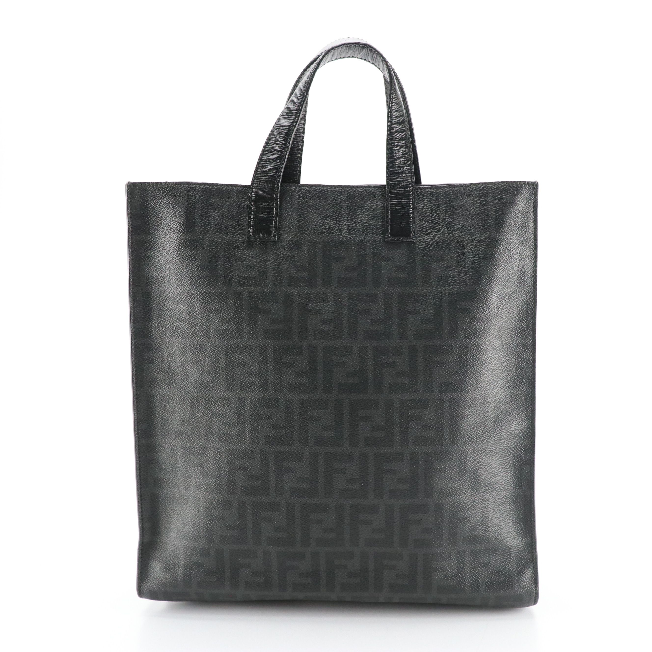Fendi Leather Handle Vertical Tote in Black/Gray Zucca Canvas
