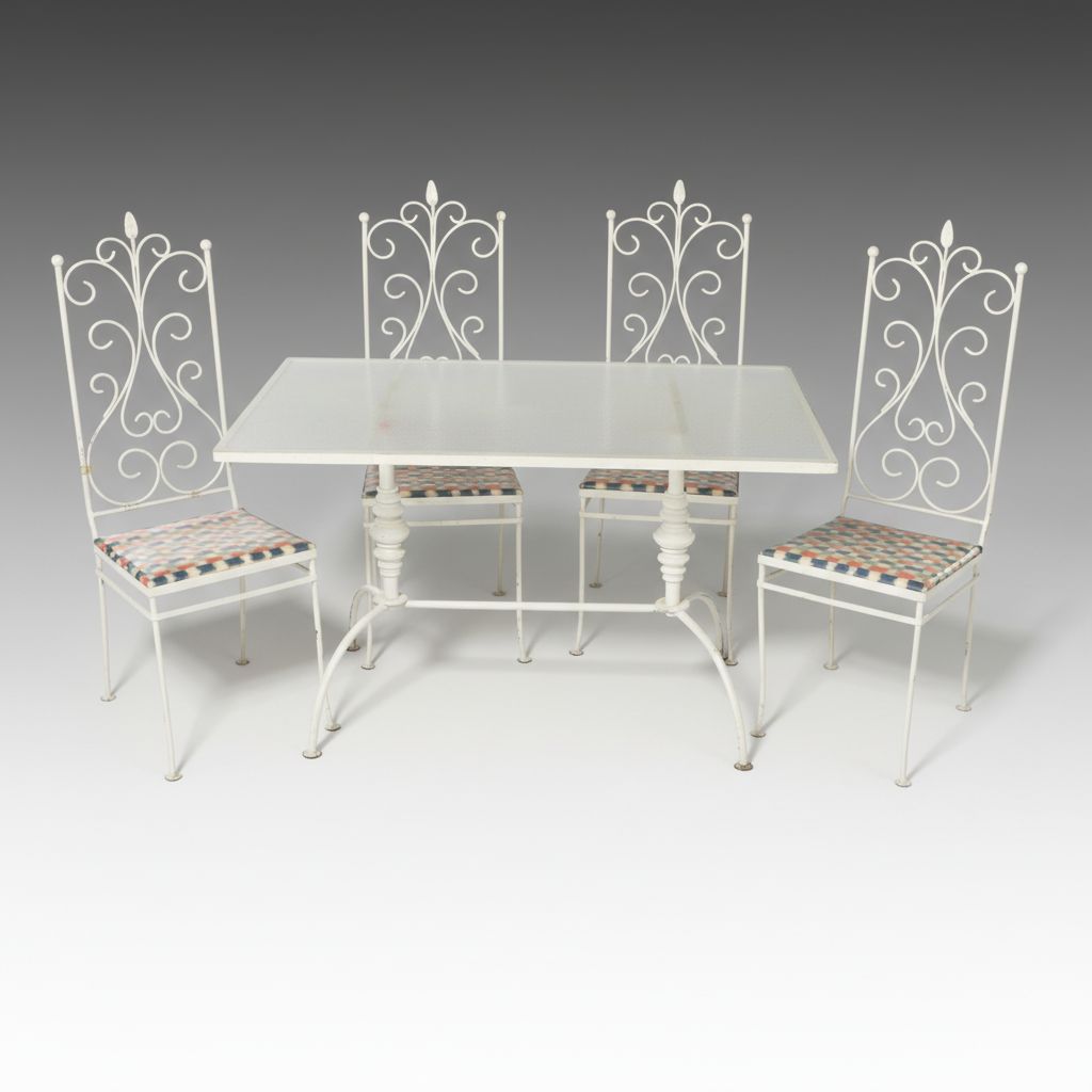 Five Piece Mid Century Modern Style Metal Patio Dining Set with Glass Top Table