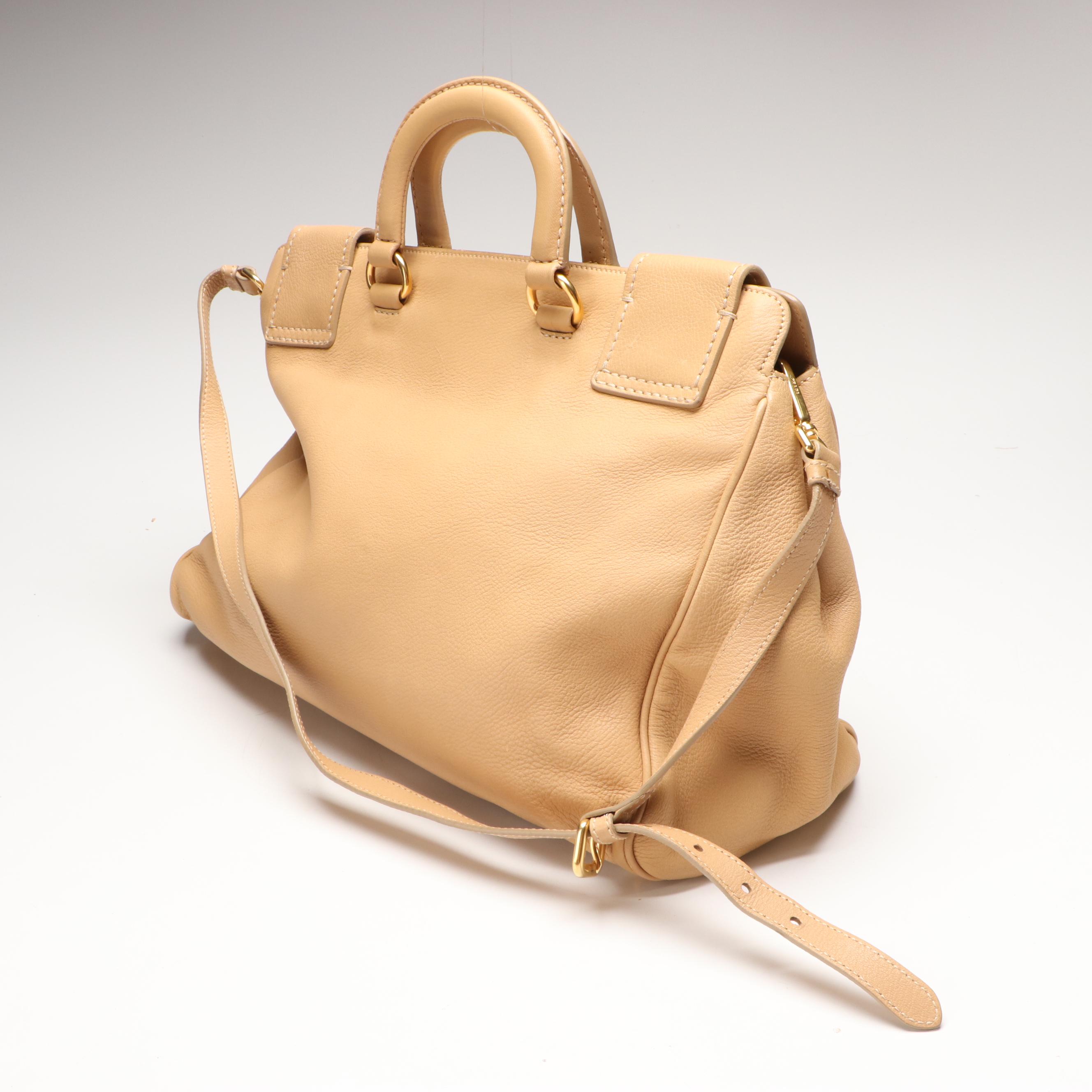 Prada Beige Deerskin Leather Top Handle Two-Way Tote