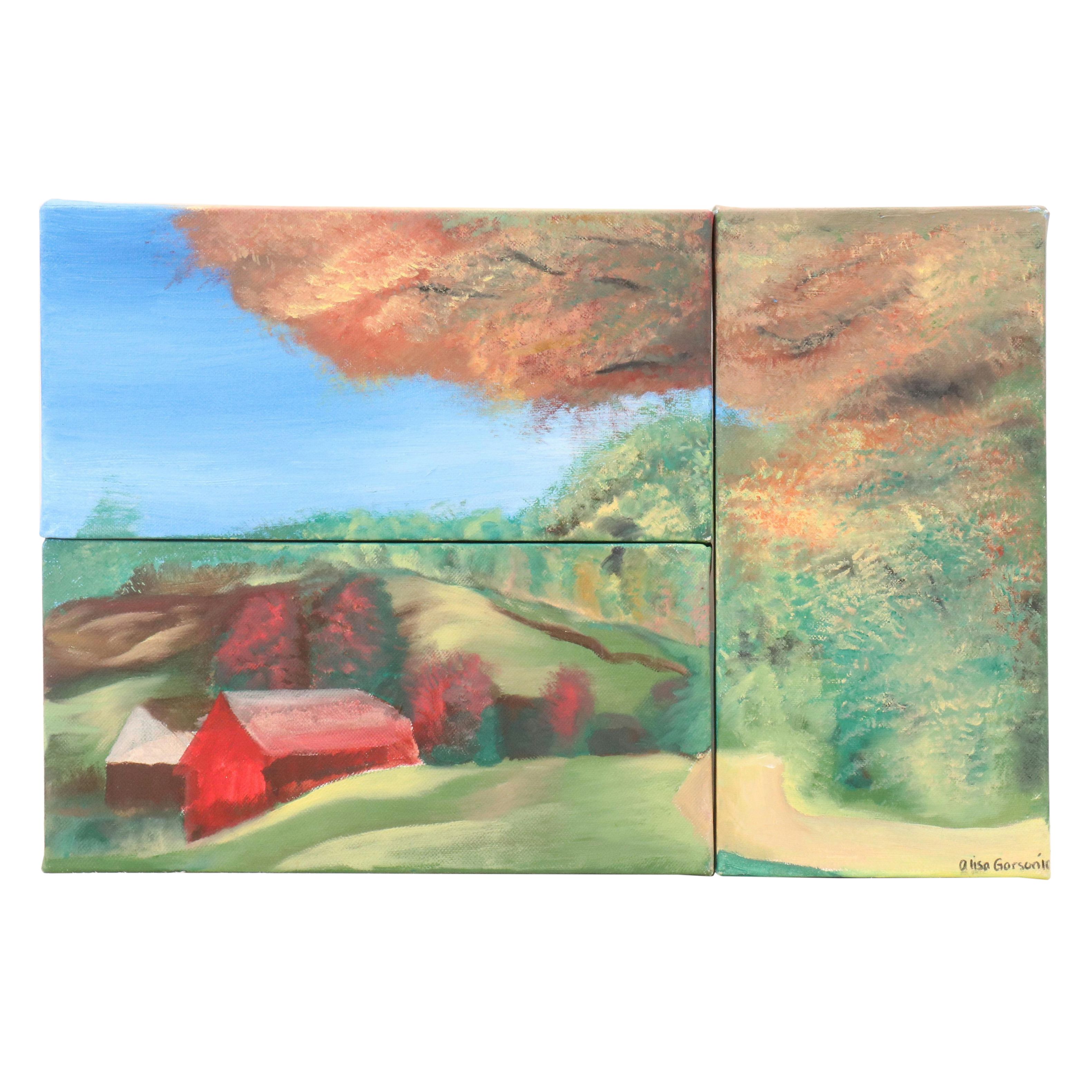 Alisa Gorsonio Triptych Rural Landscape Oil Painting of Red Barn in Autumn