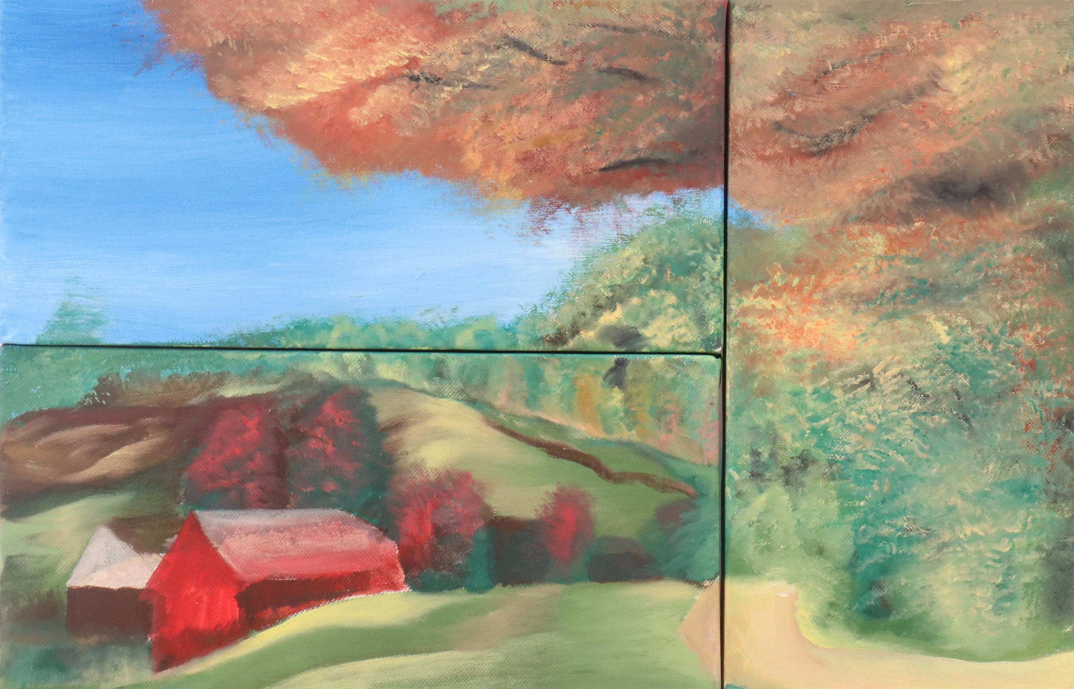Alisa Gorsonio Triptych Rural Landscape Oil Painting of Red Barn in Autumn