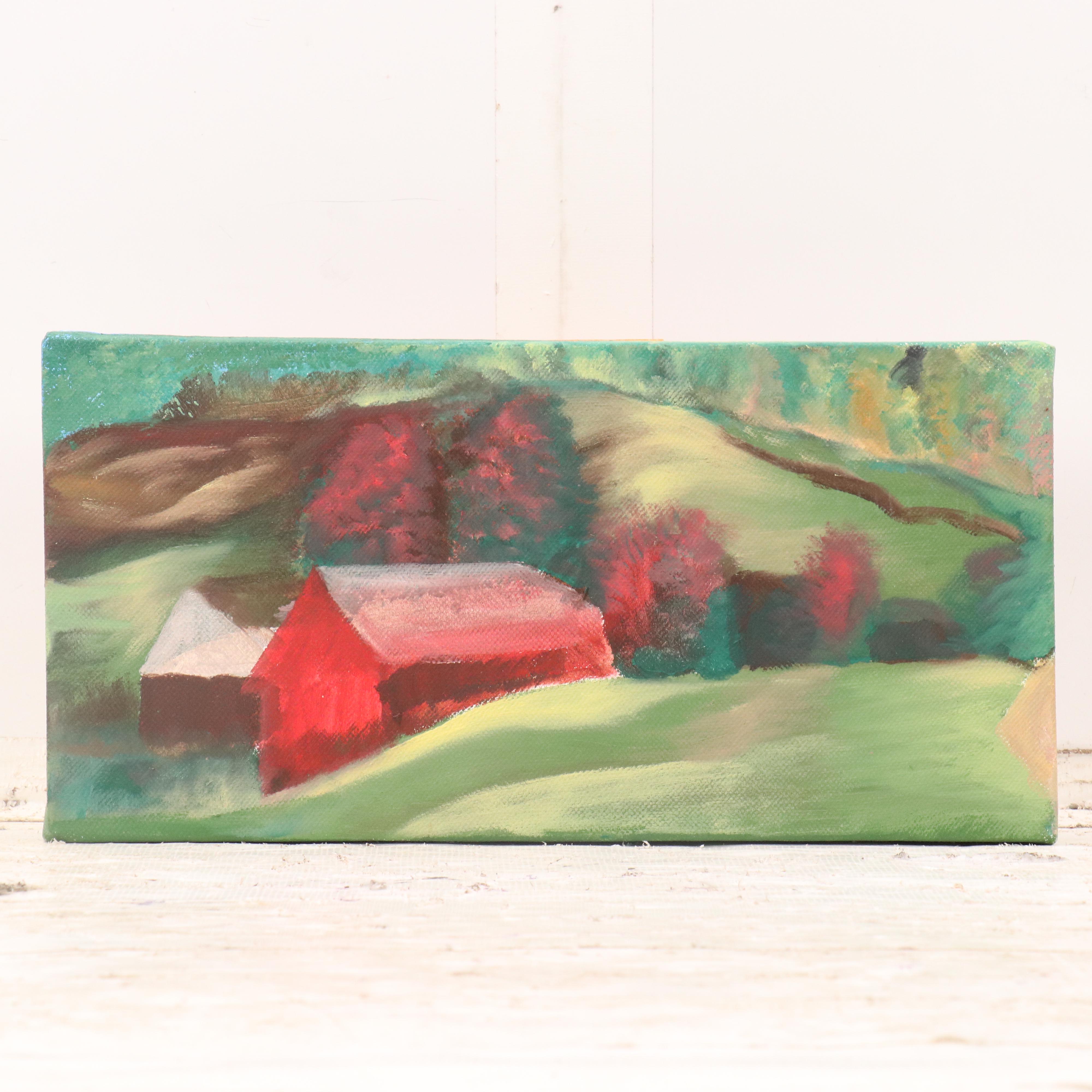 Alisa Gorsonio Triptych Rural Landscape Oil Painting of Red Barn in Autumn