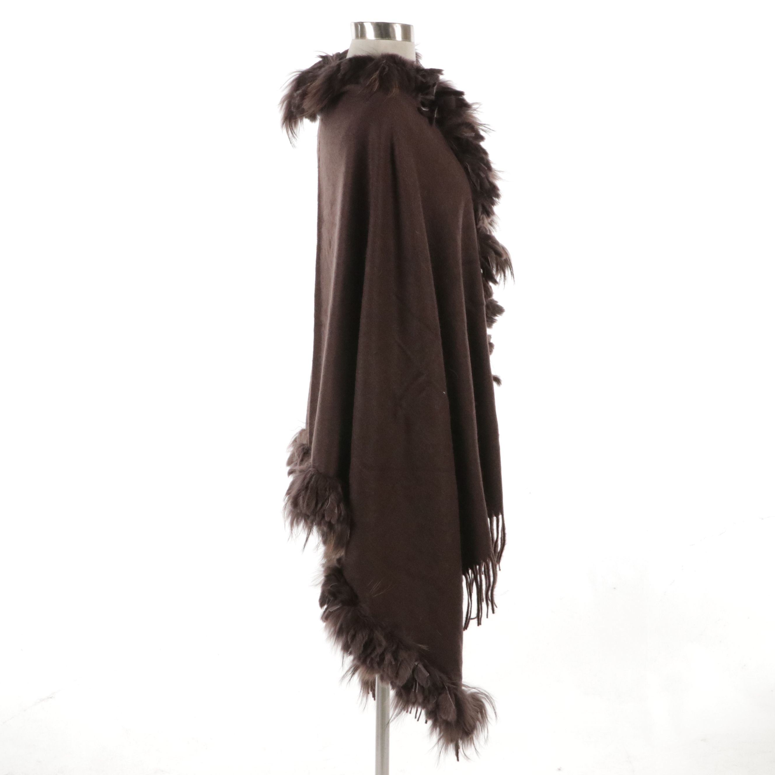 Cochni Brown Wool, Cashmere and Rabbit Fur Fringe Scarf Shawl, With Tag
