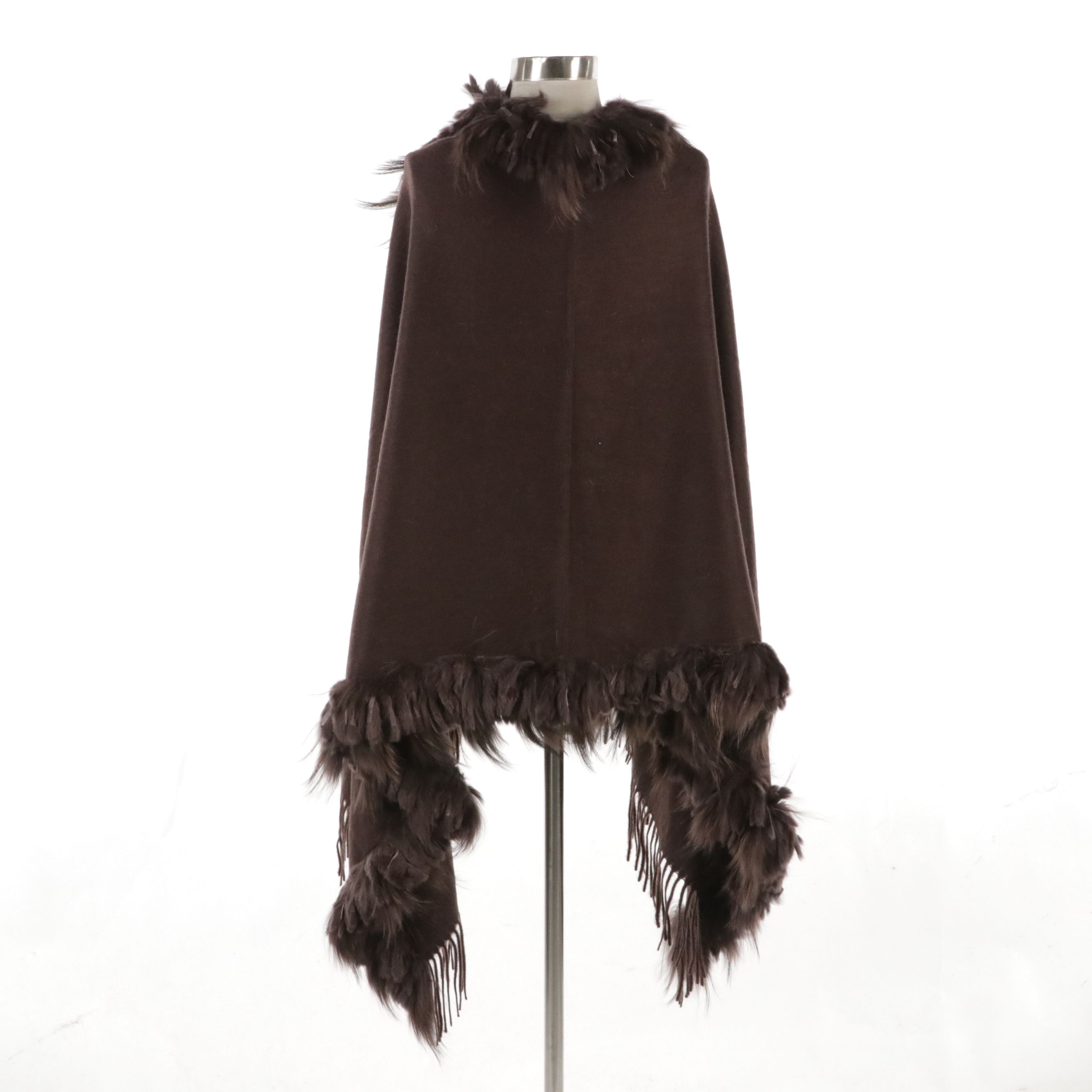 Cochni Brown Wool, Cashmere and Rabbit Fur Fringe Scarf Shawl, With Tag