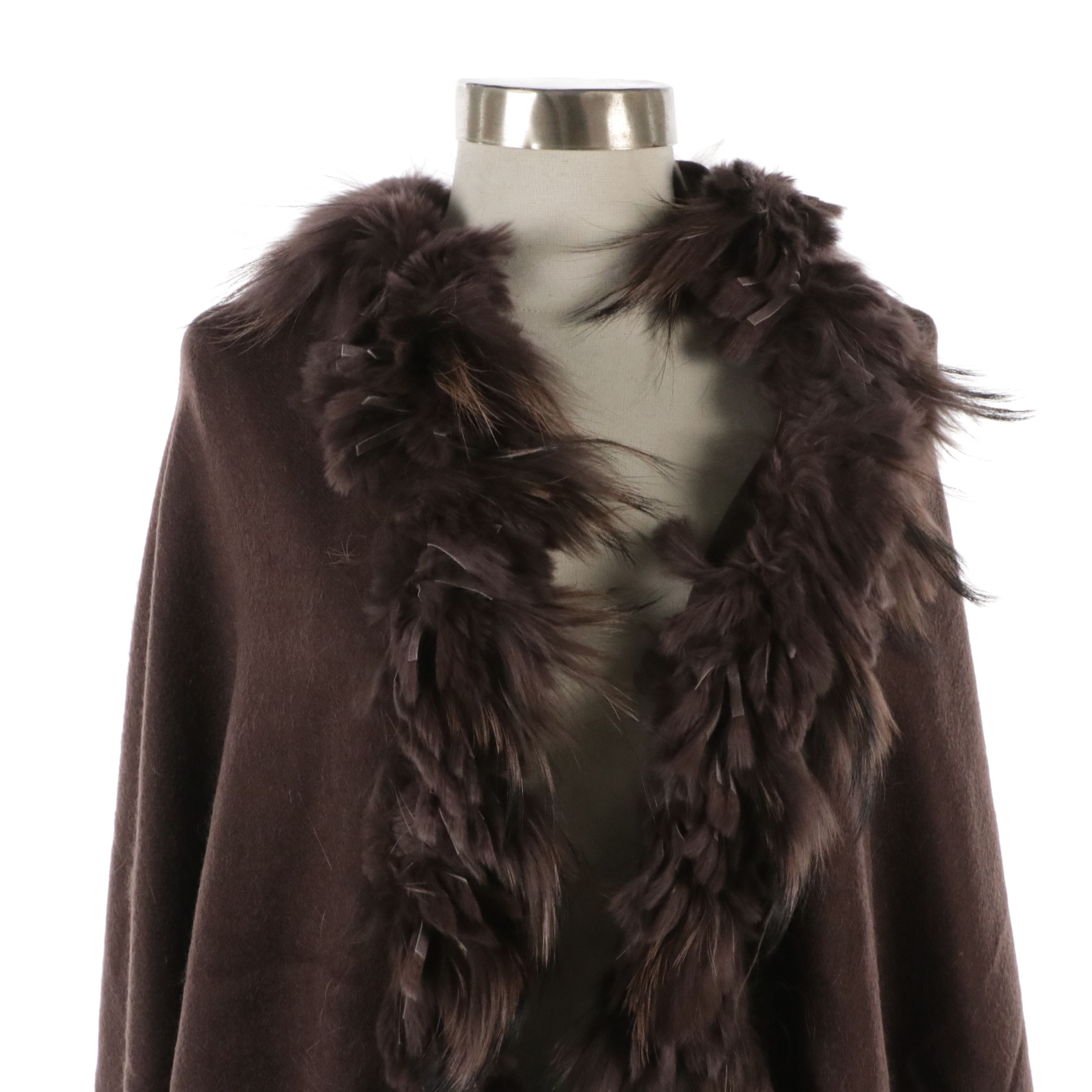 Cochni Brown Wool, Cashmere and Rabbit Fur Fringe Scarf Shawl, With Tag