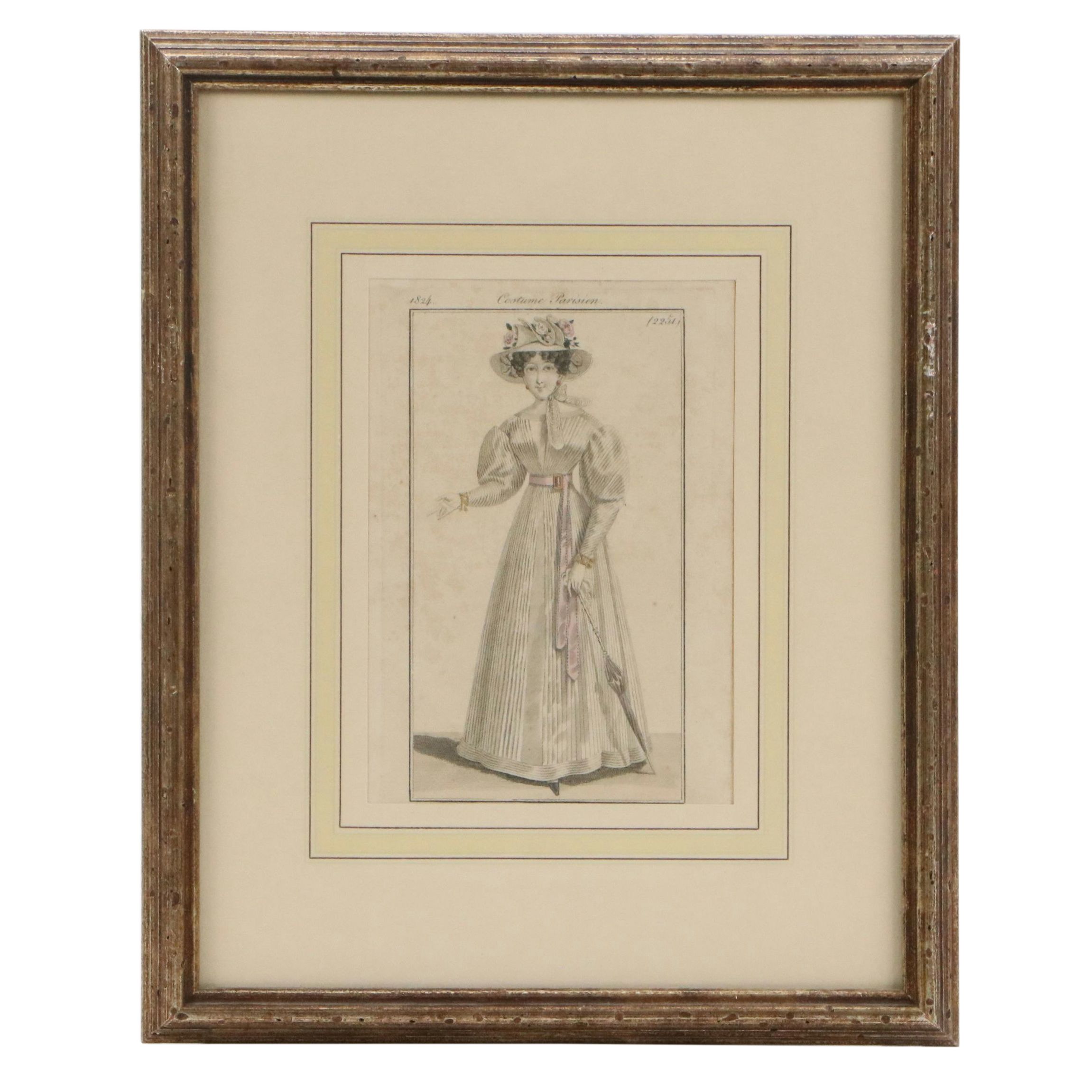 Set of Four French School Hand-Painted Fashion Engravings, 19th Century