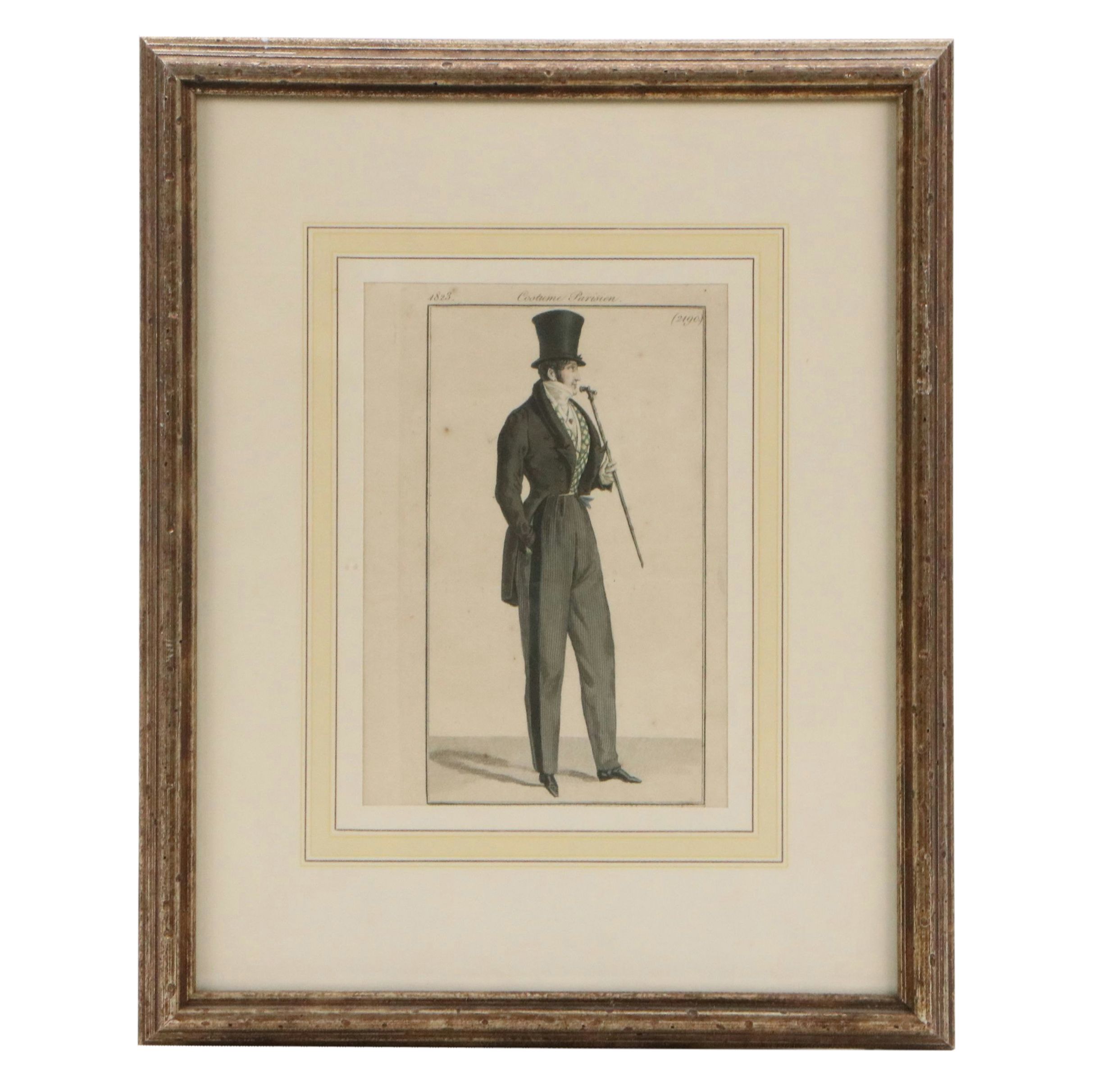 Set of Four French School Hand-Painted Fashion Engravings, 19th Century