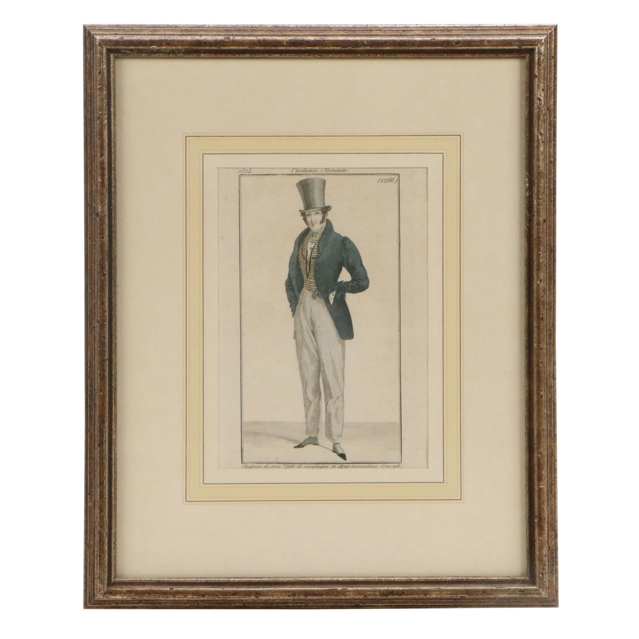 Set of Four French School Hand-Painted Fashion Engravings, 19th Century