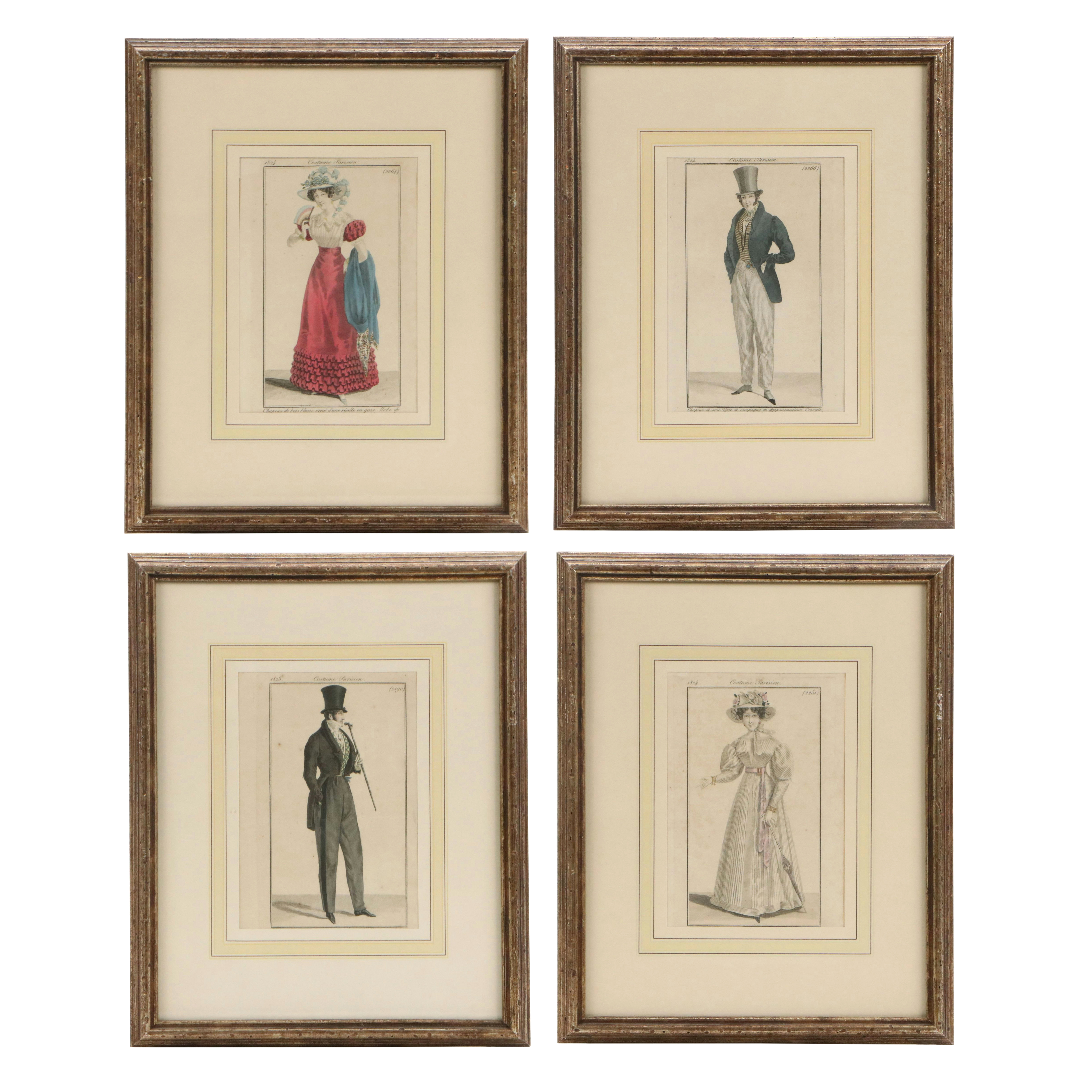 Set of Four French School Hand-Painted Fashion Engravings, 19th Century