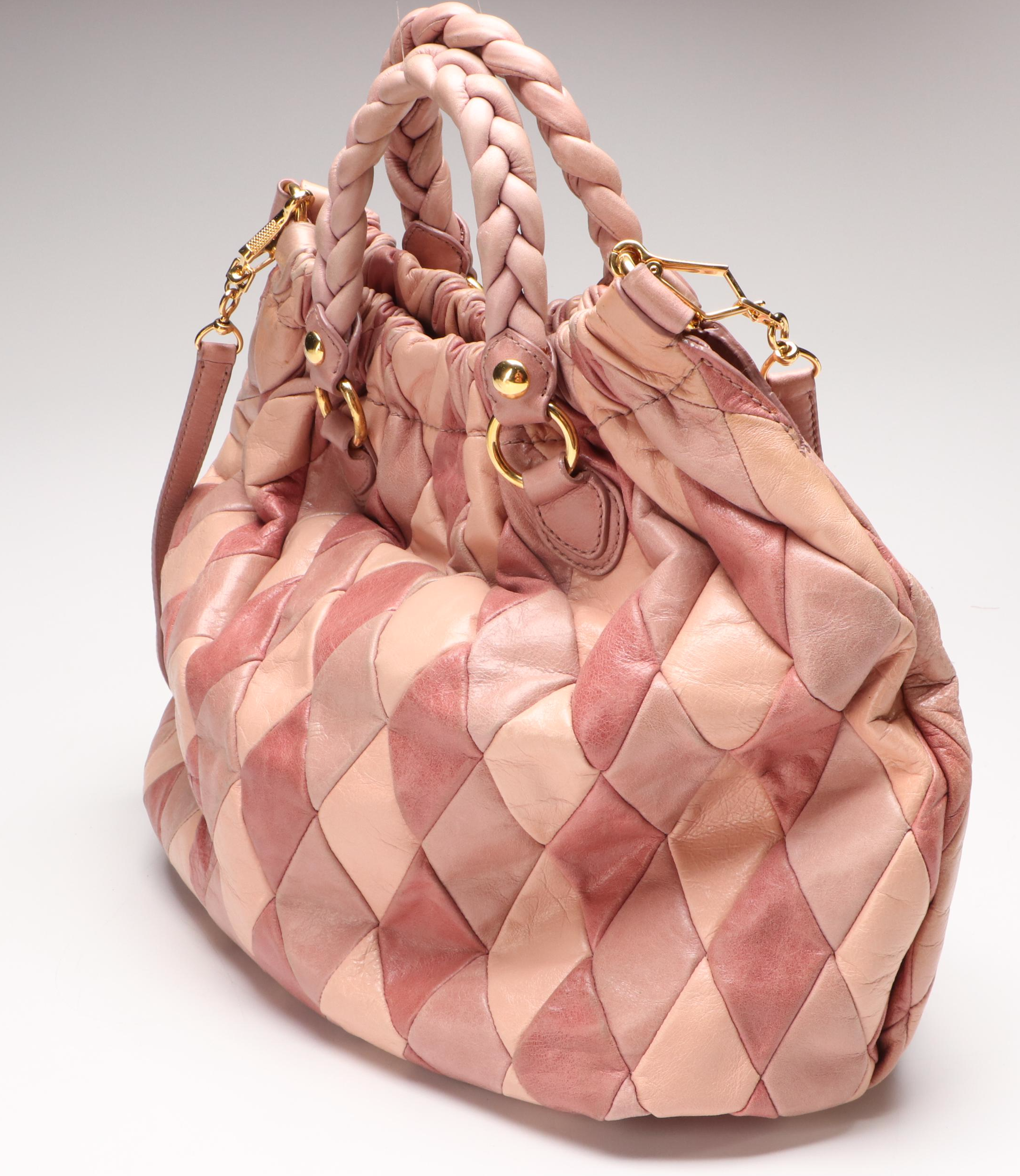 Miu Miu Harlequin Two-Way Tote in Pink Tricolored Patchwork Calfskin Leather